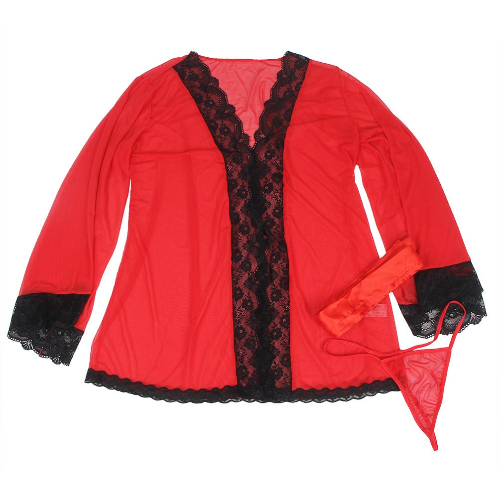 Red Sheer Mesh Sleepwear – Long Sleeves, Open Front & Waist Belt - TeaseFashion