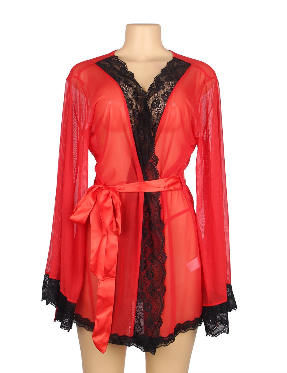 Red Sheer Mesh Sleepwear – Long Sleeves, Open Front & Waist Belt - TeaseFashion