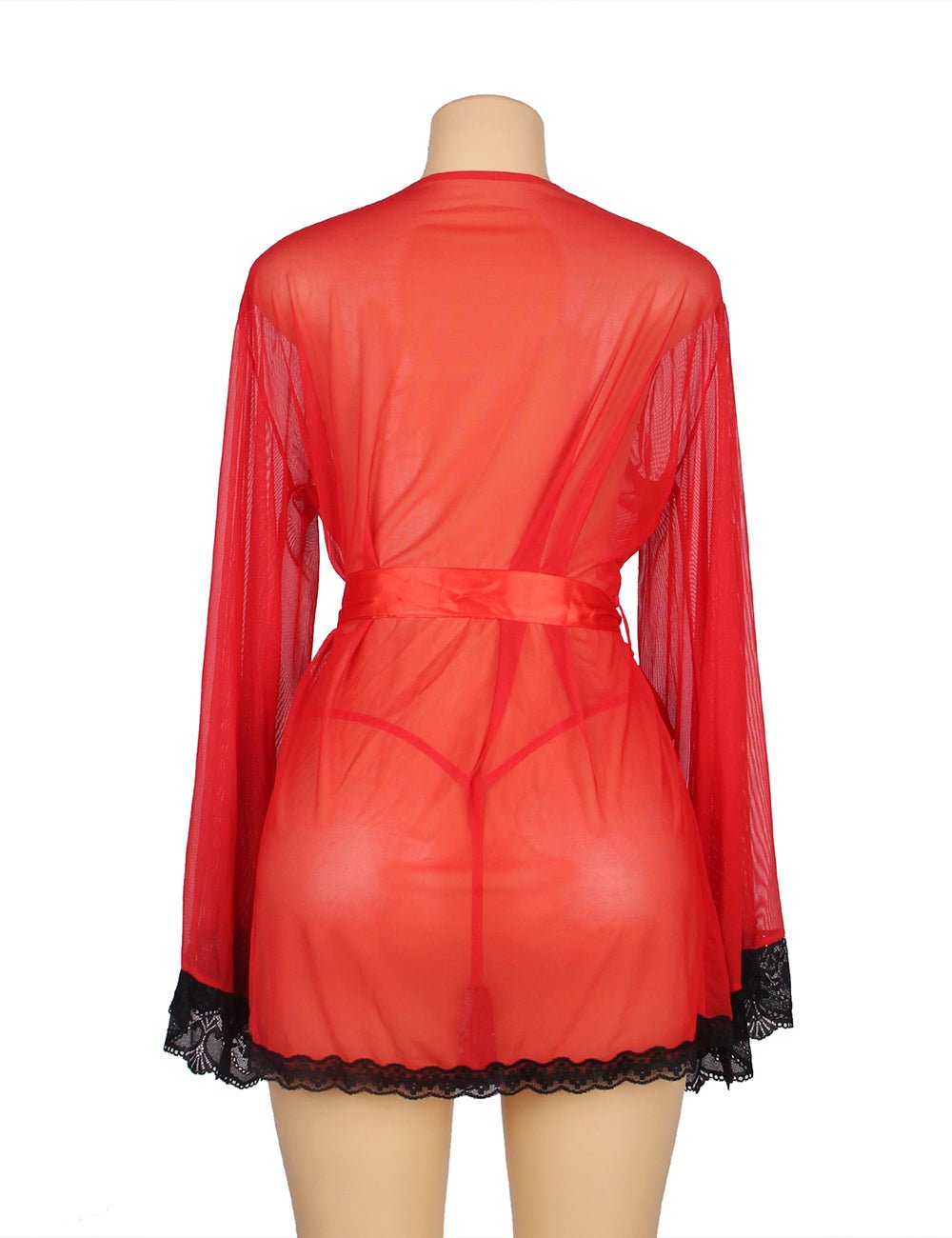 Red Sheer Mesh Sleepwear – Long Sleeves, Open Front & Waist Belt - TeaseFashion