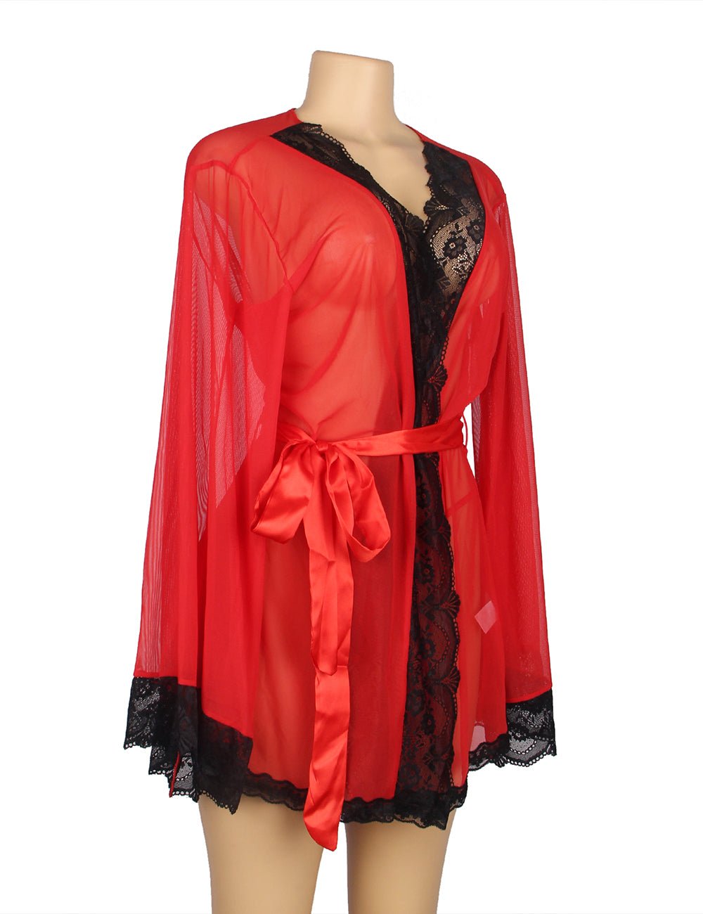 Red Sheer Mesh Sleepwear – Long Sleeves, Open Front & Waist Belt - TeaseFashion