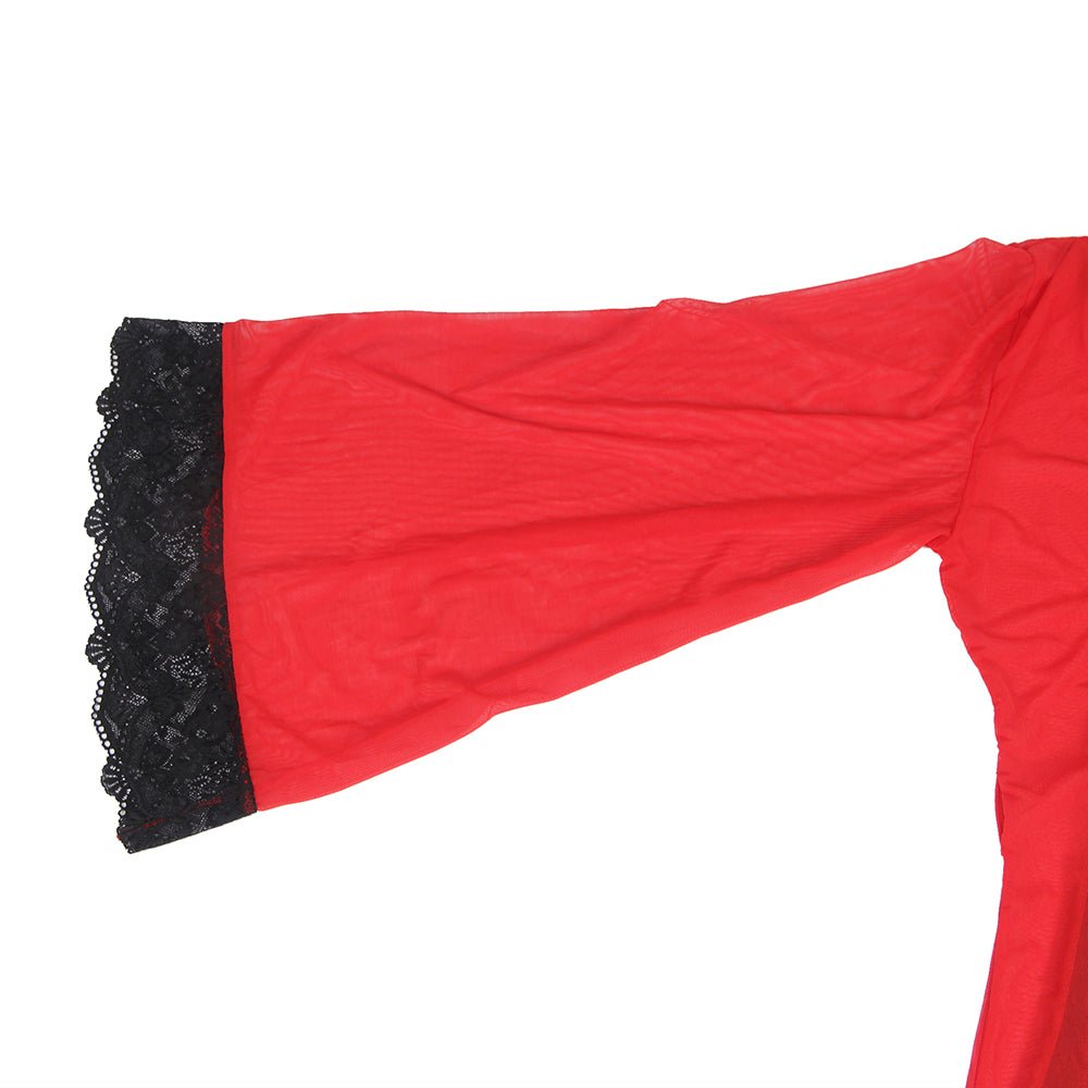 Red Sheer Mesh Sleepwear – Long Sleeves, Open Front & Waist Belt - TeaseFashion