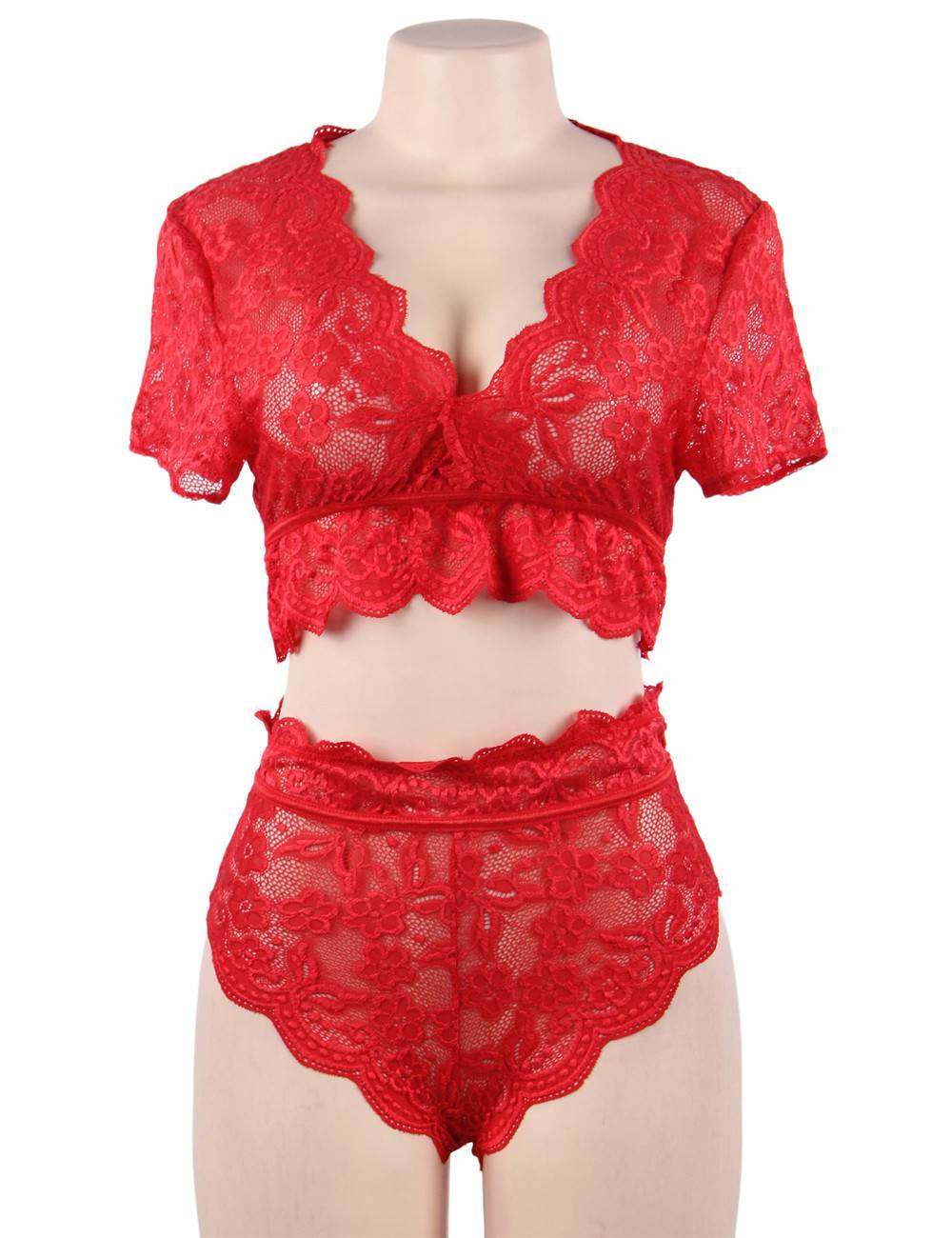 Red Shiny Lace Deep - V Crop Bra & High - Waist Panty Set - TeaseFashion