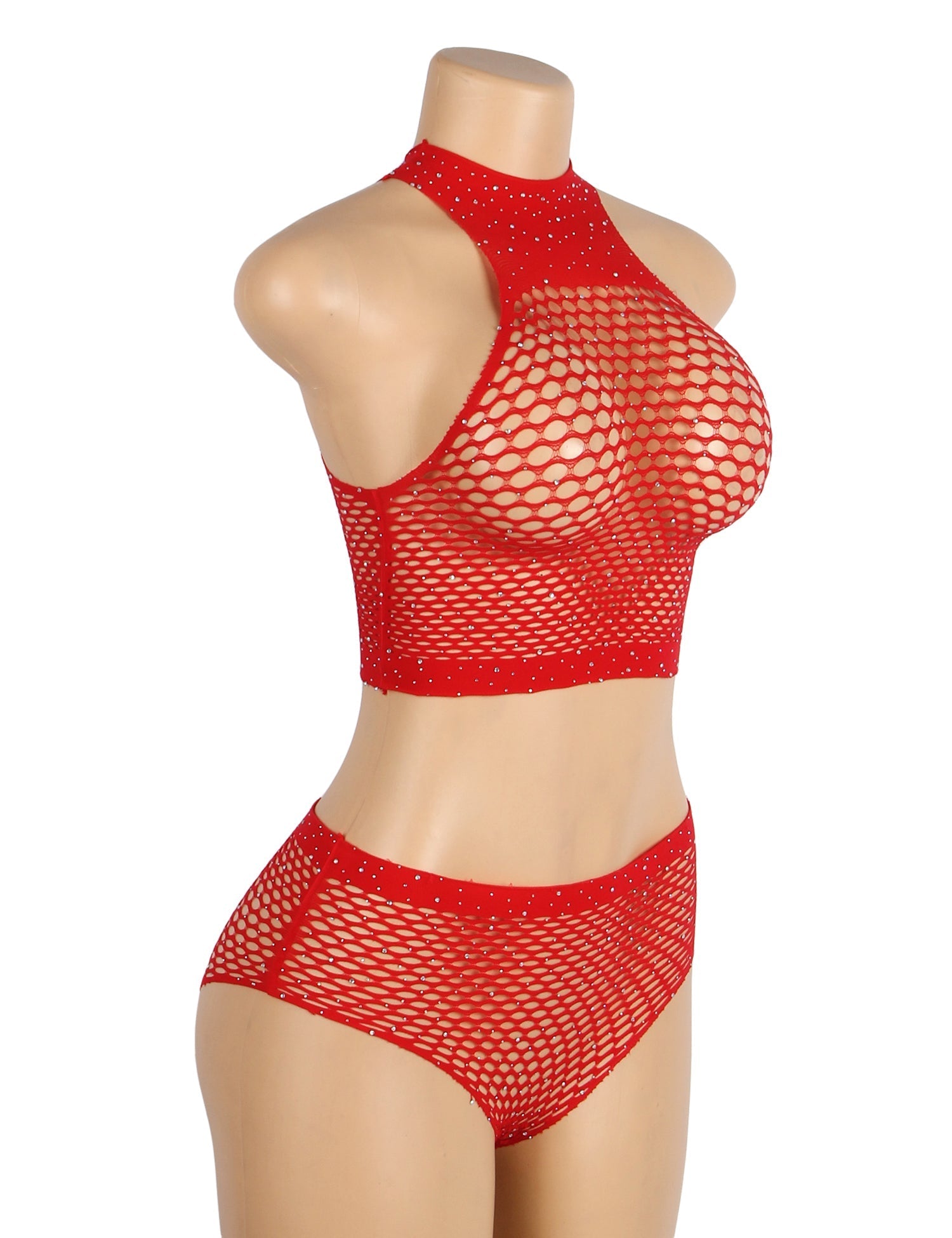 Red Two Piece Fishnet Rhinestone See Through Bikini Top and Shorts Set - TeaseFashion