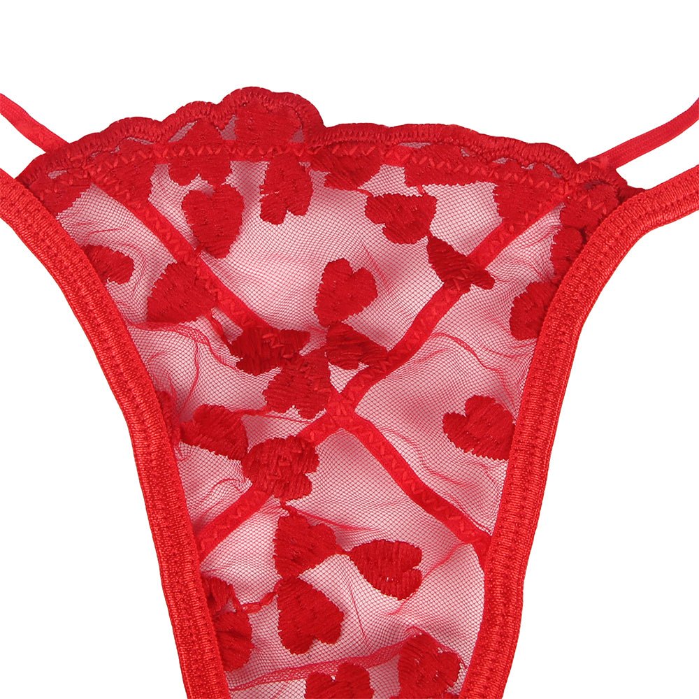 Red Underwire Mesh Flower Patterns Bra Set - TeaseFashion