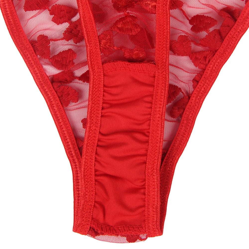 Red Underwire Mesh Flower Patterns Bra Set - TeaseFashion