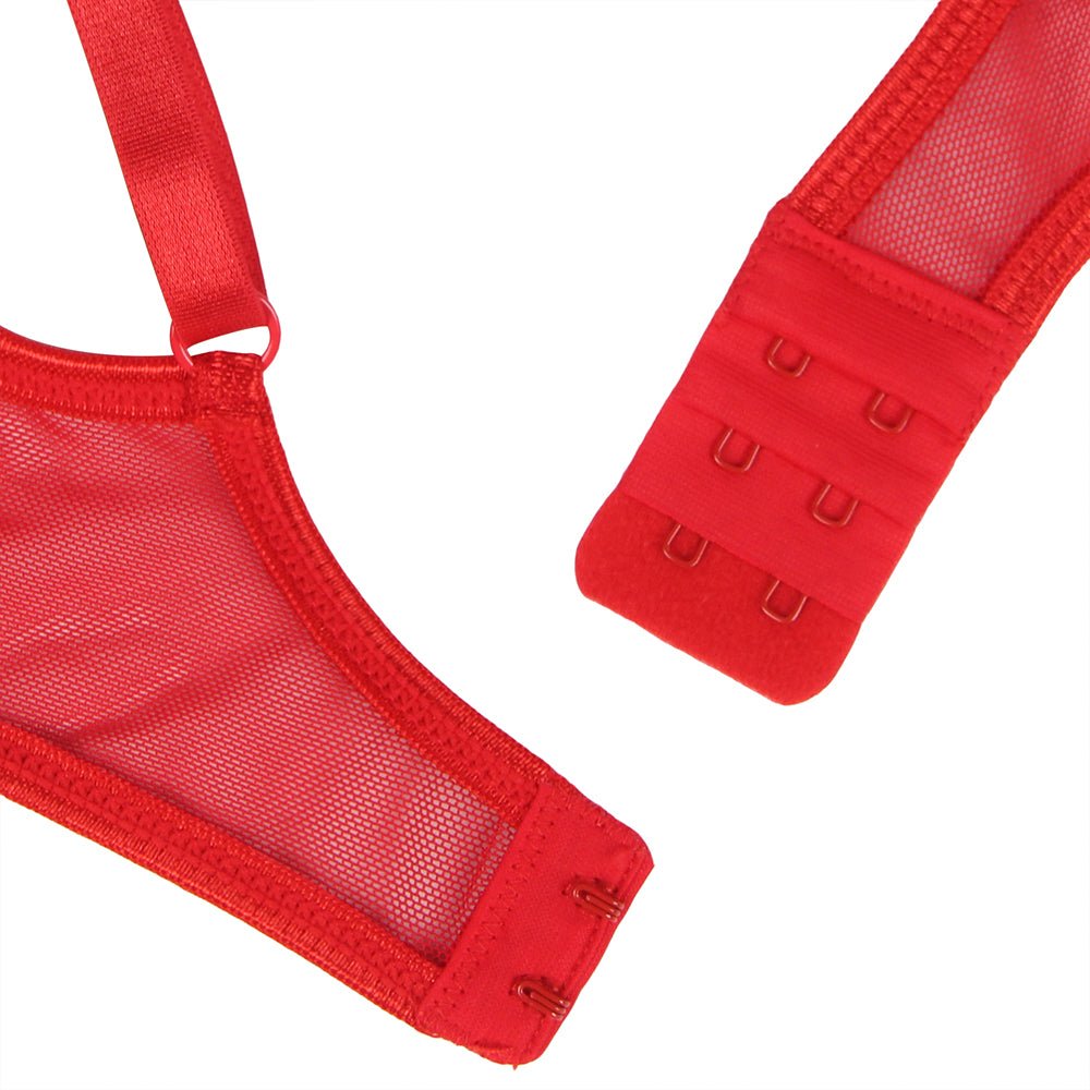 Red Underwire Mesh Flower Patterns Bra Set - TeaseFashion