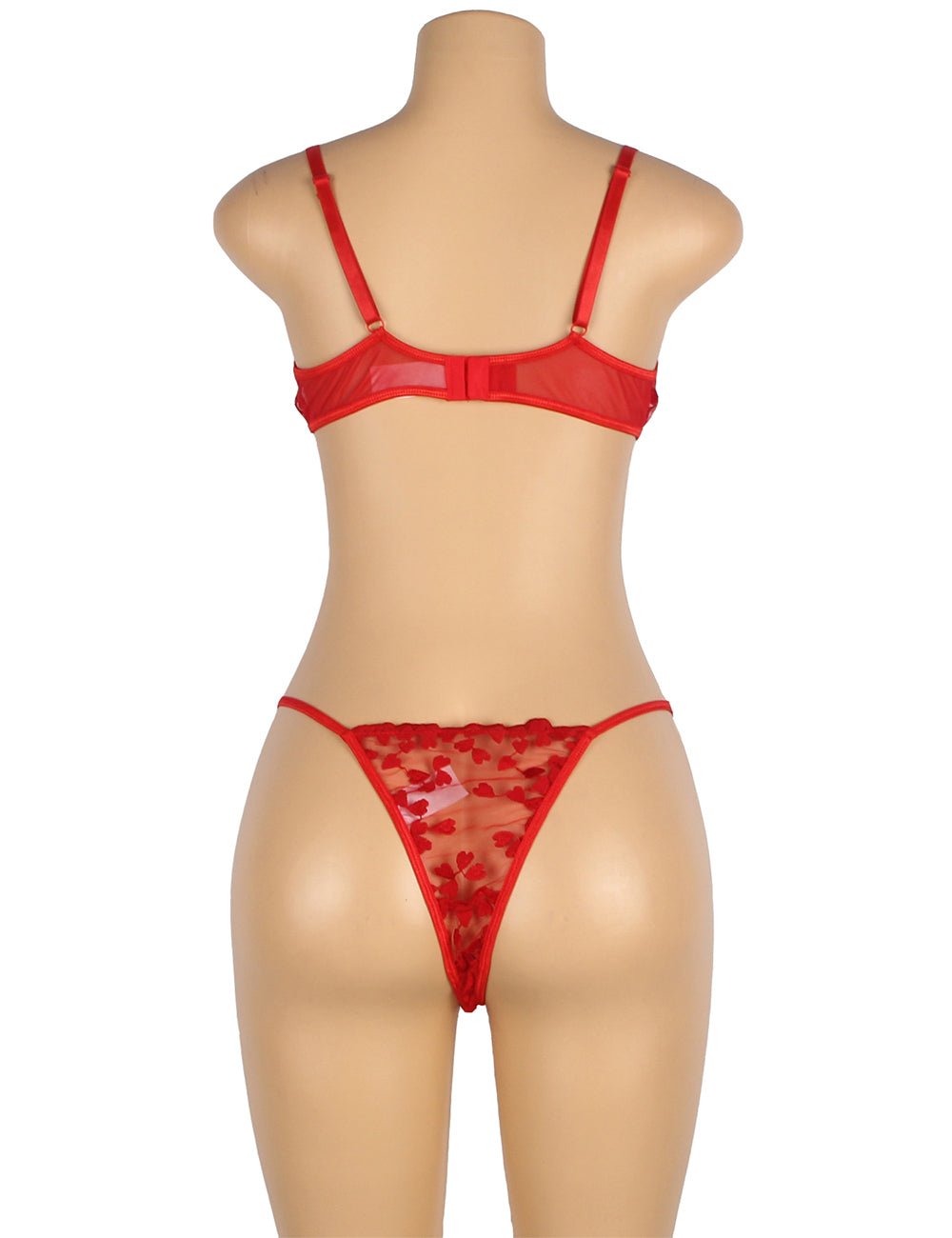 Red Underwire Mesh Flower Patterns Bra Set - TeaseFashion