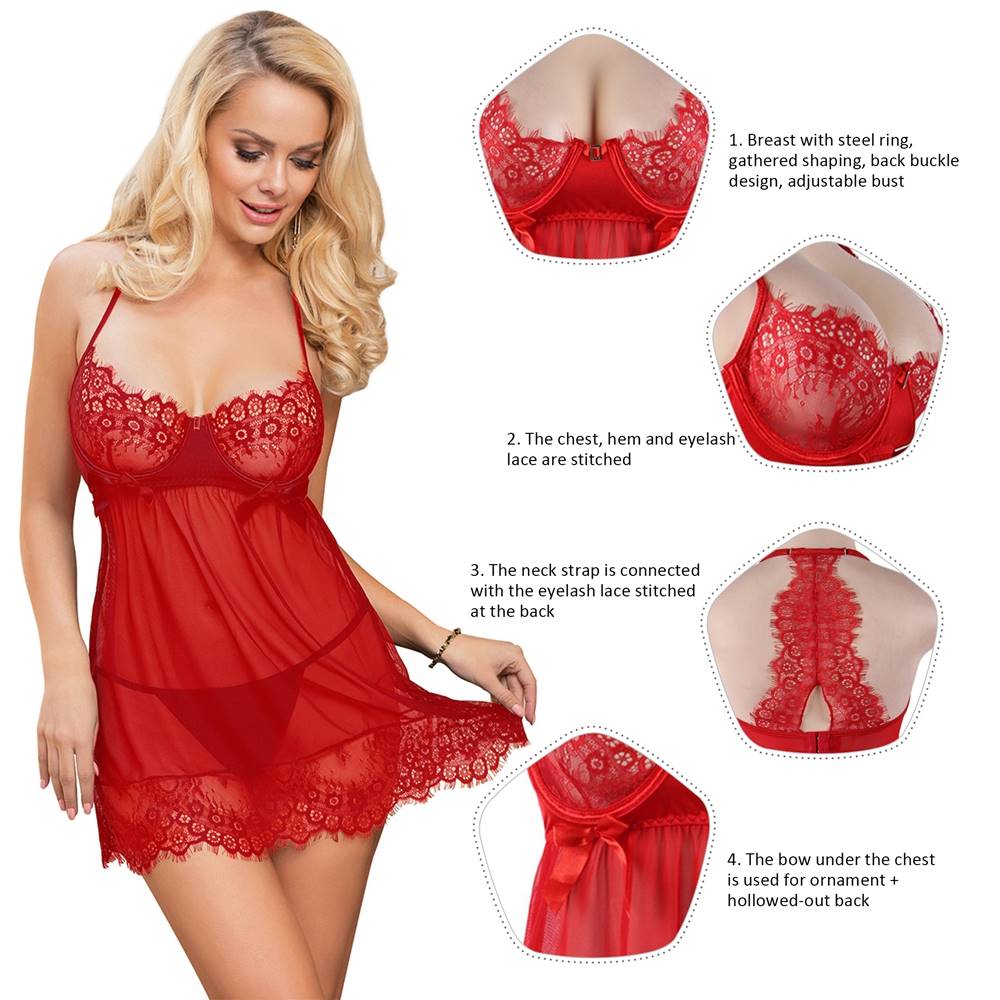 Red Underwired Ring - Support Eyelash Lace Halter Babydoll with Butterfly Accent & Back Cut - Out - TeaseFashion