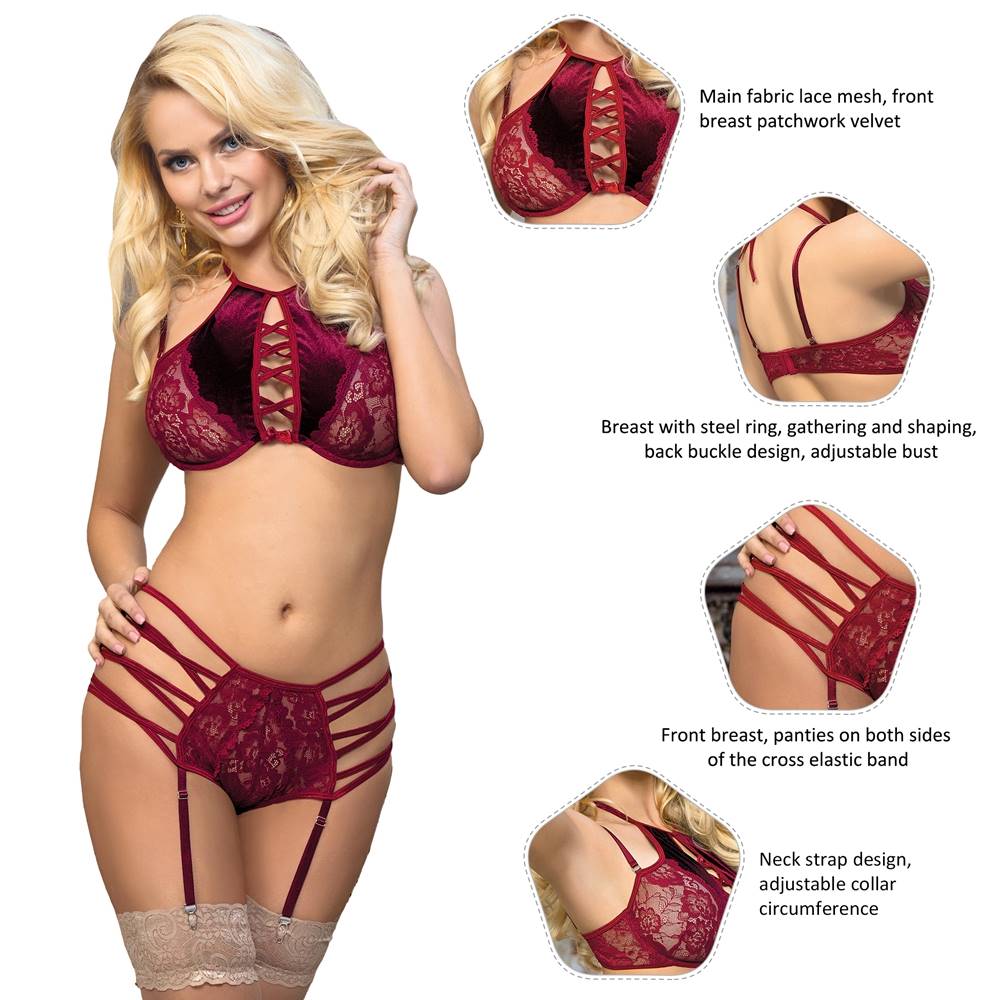 Red Velvet & Lace Halter Garter Lingerie Set – Cross Strap & Underwire - TeaseFashion