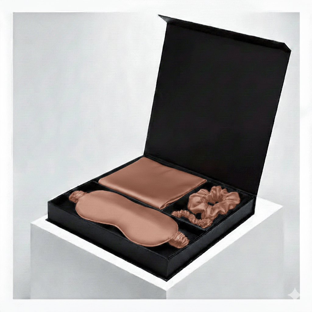 Rose Gold Luxury 100% Mulberry Silk Pillow case Sleep, Eye Mask Blind and Scrunchies Gift Set - TeaseFashion
