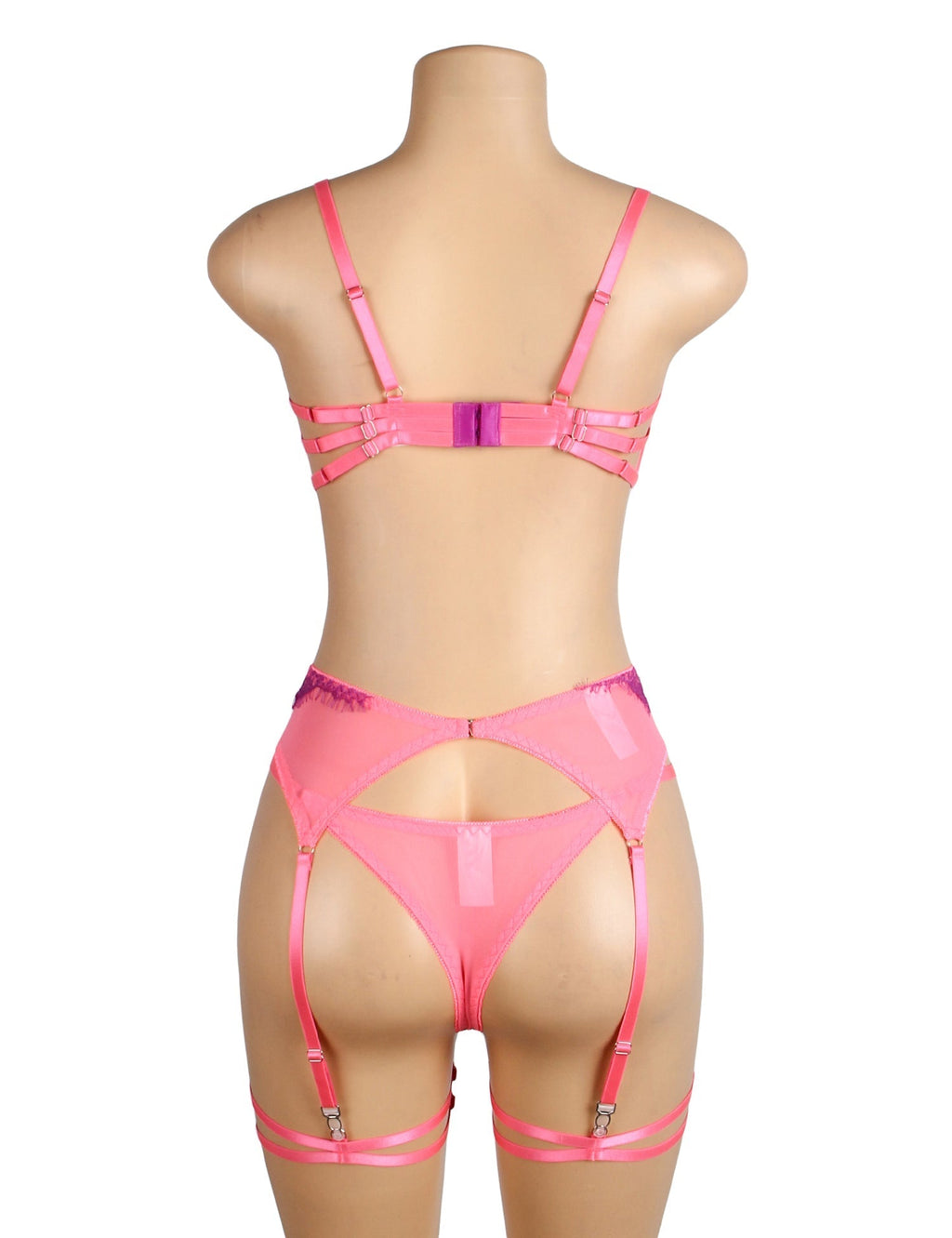 Rose Mesh & Lace Colour Contrast Bra Garter Set – Underwire & Leg Rings - TeaseFashion