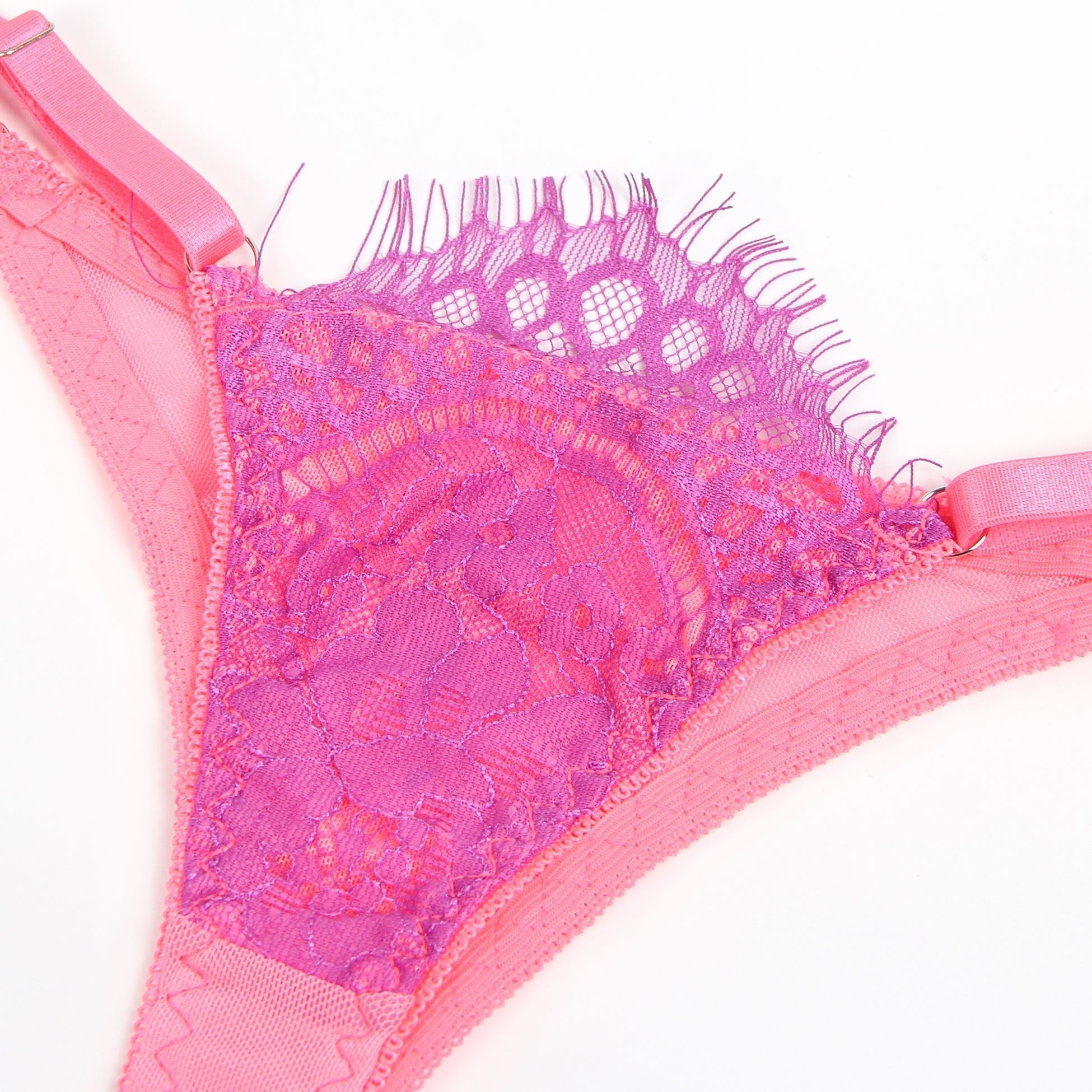 Rose Mesh & Lace Colour Contrast Bra Garter Set – Underwire & Leg Rings - TeaseFashion