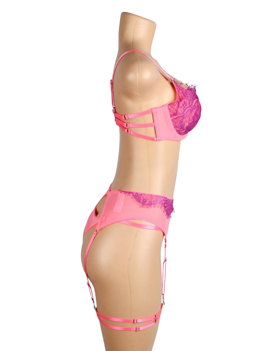 Rose Mesh & Lace Colour Contrast Bra Garter Set – Underwire & Leg Rings - TeaseFashion