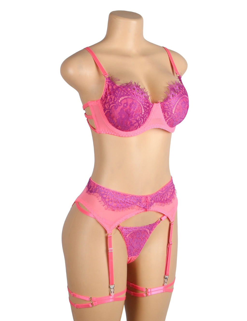 Rose Mesh & Lace Colour Contrast Bra Garter Set – Underwire & Leg Rings - TeaseFashion