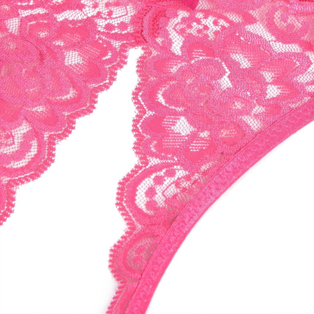 Rose Red Lace Mesh Panty with Side Cutouts, Front Bow & Open Crotch - TeaseFashion