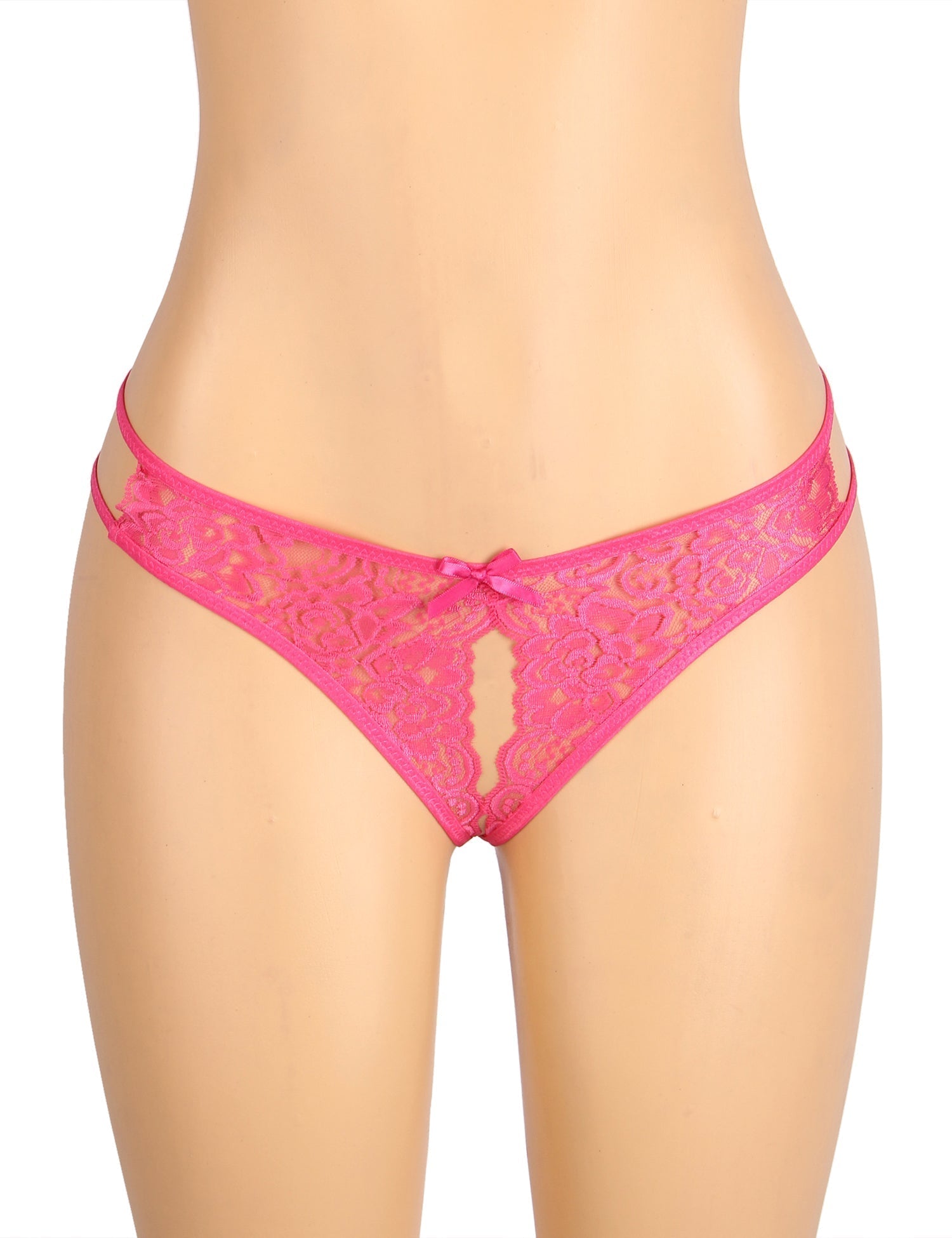 Rose Red Lace Mesh Panty with Side Cutouts, Front Bow & Open Crotch - TeaseFashion