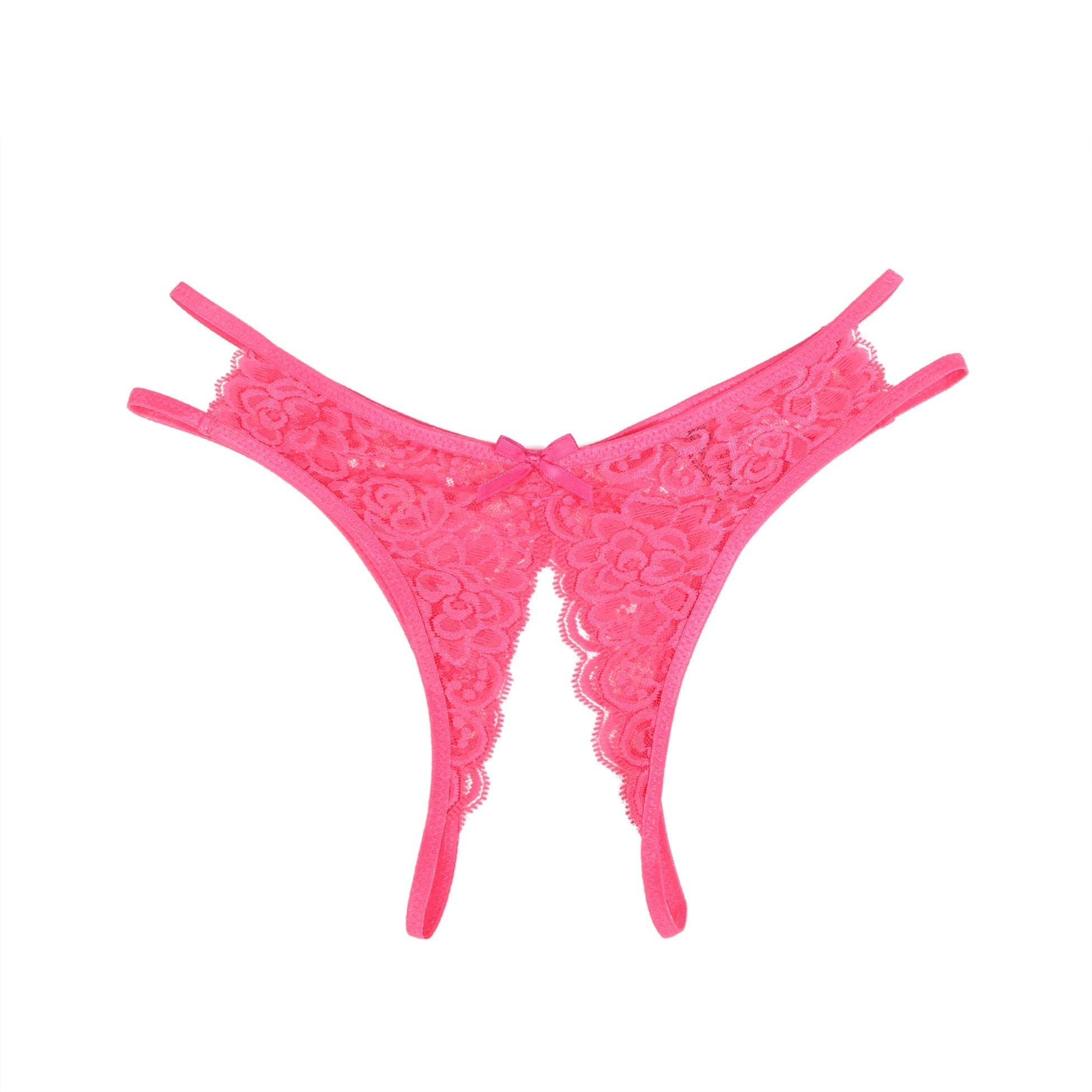 Rose Red Lace Mesh Panty with Side Cutouts, Front Bow & Open Crotch - TeaseFashion