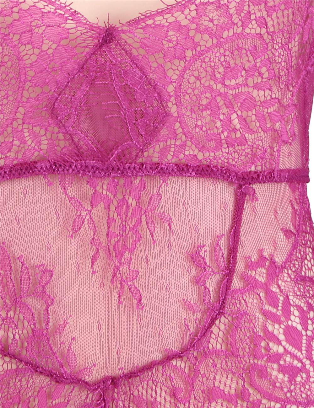 Rose Red Long Sleeve Lace Teddy – Eyelash Trim, Deep V & Hollow Back - TeaseFashion