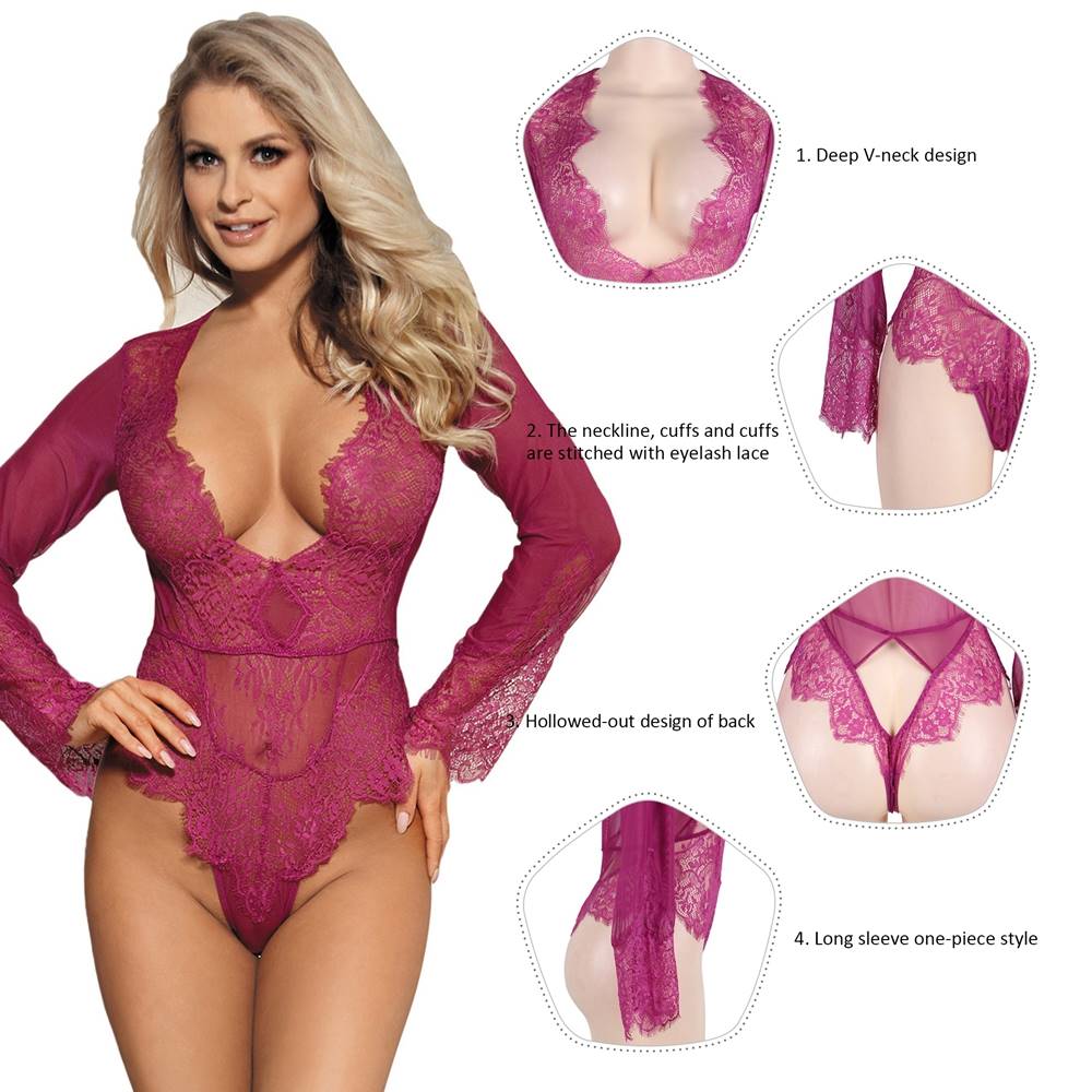 Rose Red Long Sleeve Lace Teddy – Eyelash Trim, Deep V & Hollow Back - TeaseFashion