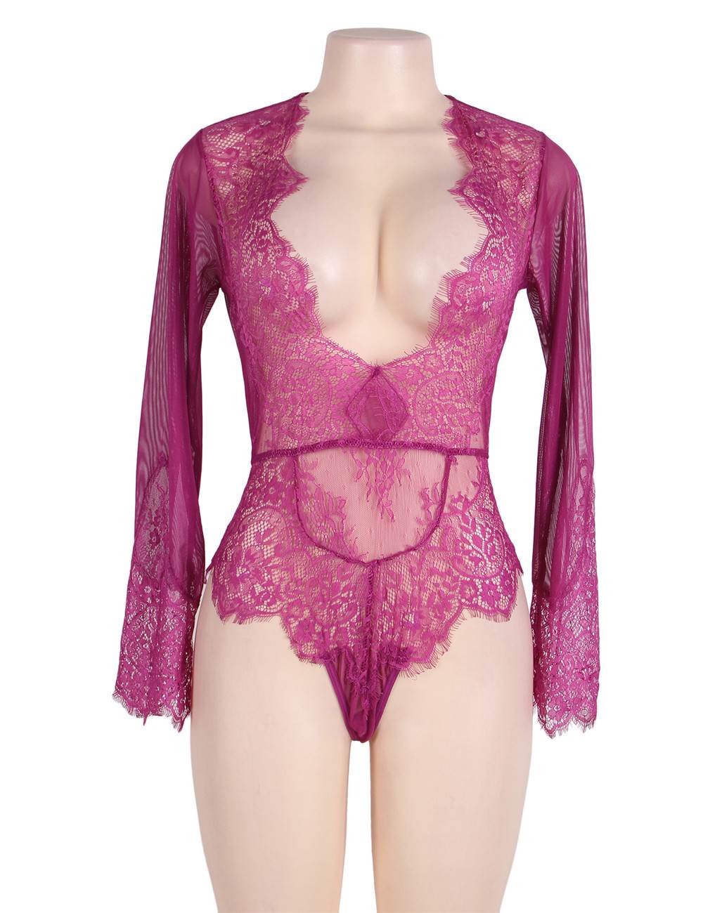 Rose Red Long Sleeve Lace Teddy – Eyelash Trim, Deep V & Hollow Back - TeaseFashion