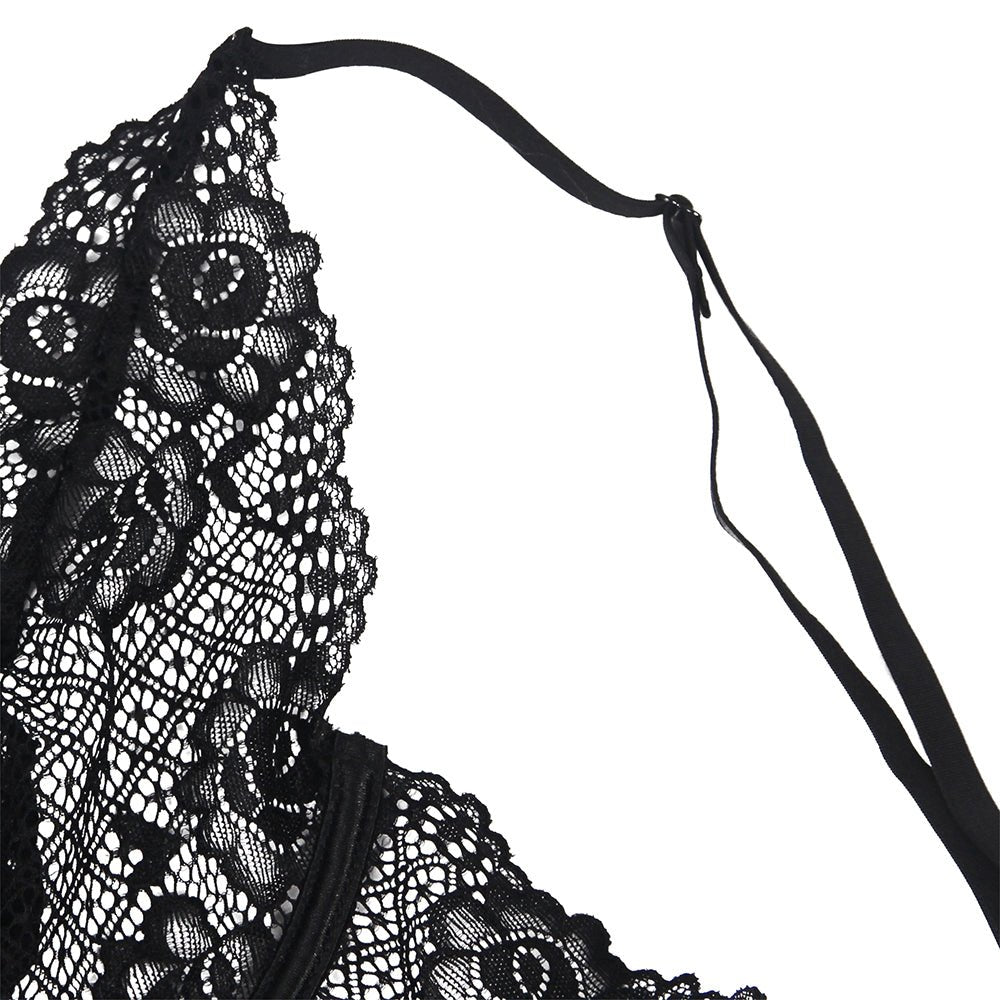 Sexy Black Lace Floral Decoration Underwire Backless Leather Lingerie - TeaseFashion