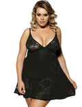 Sexy Black Transparent V Neck Lace Plus Size Short Nightdress - TeaseFashion