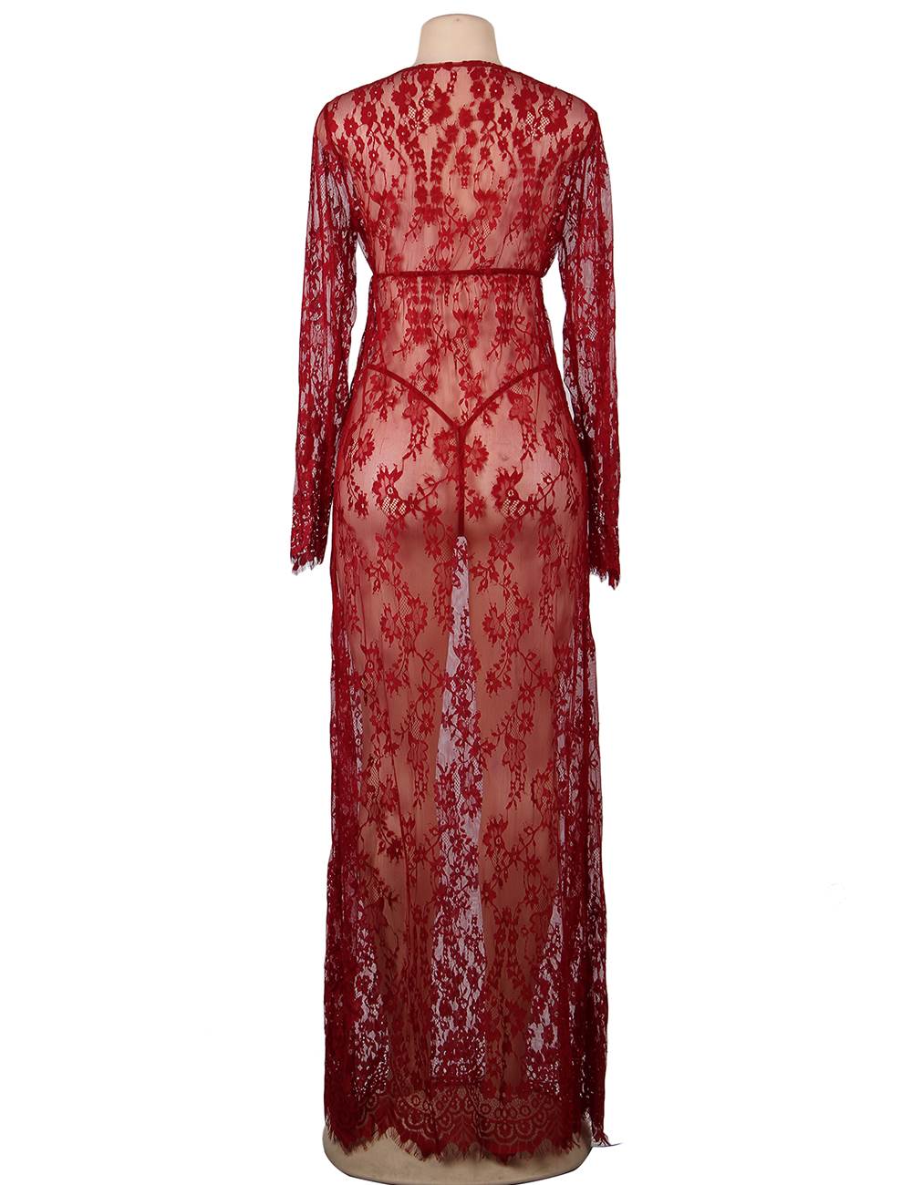 Sexy Red See - through V Neck Long Plus Size Nightdress With Thong - TeaseFashion