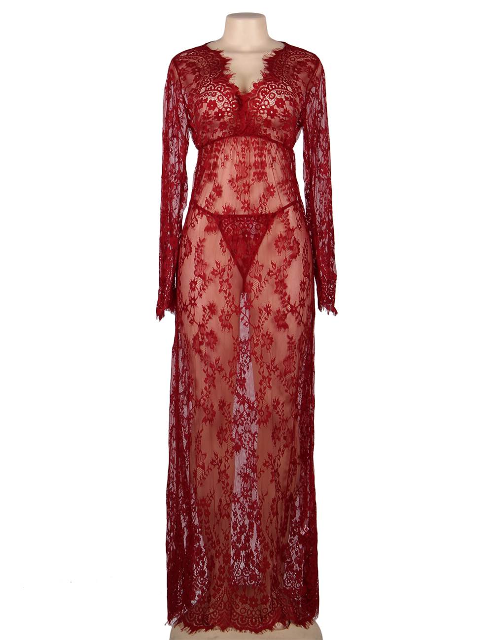 Sexy Red See - through V Neck Long Plus Size Nightdress With Thong - TeaseFashion