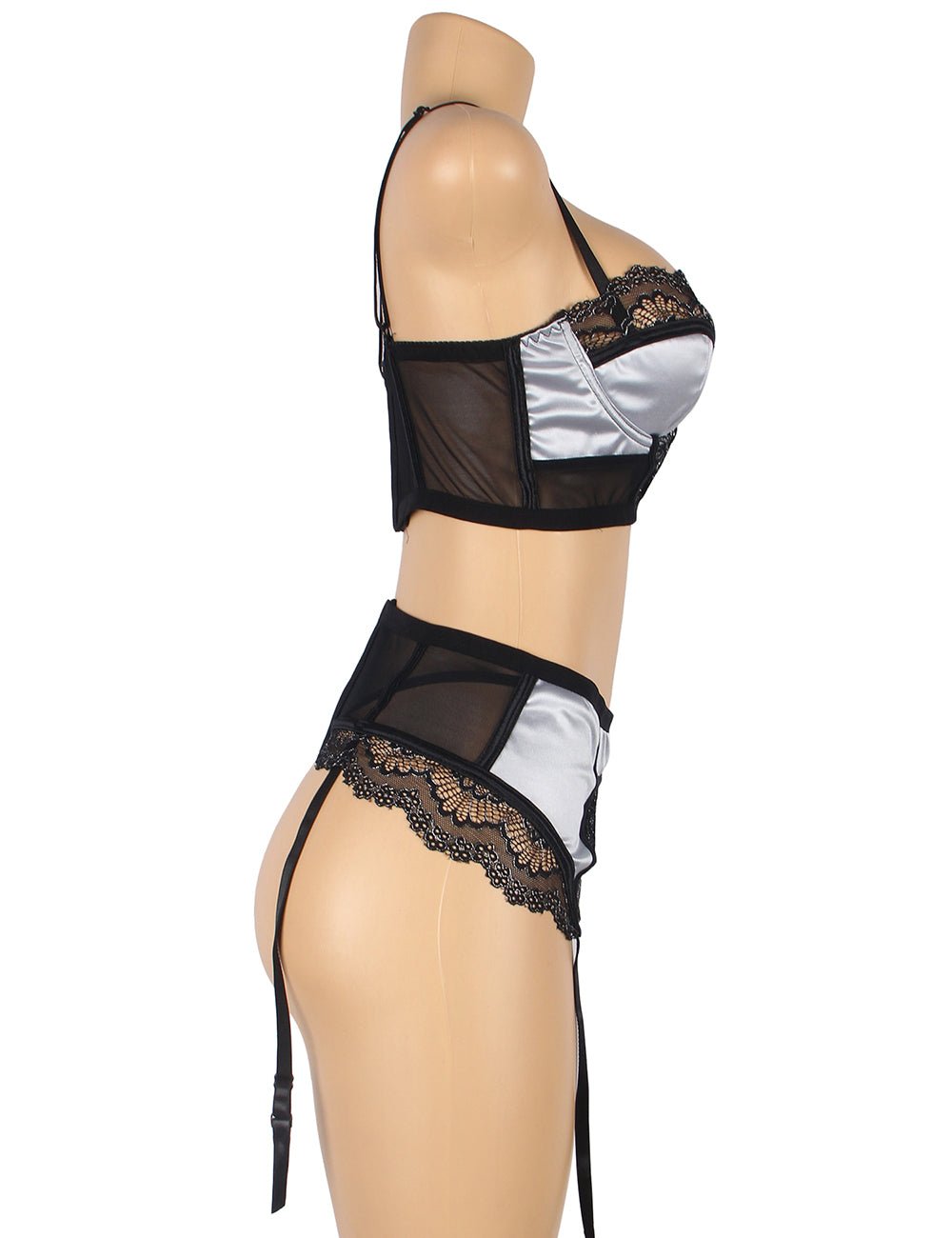 Silver - Grey Lace & Mesh Underwire Bra Set – Padded Cups, Adjustable Clasps & Suspender Belt - TeaseFashion