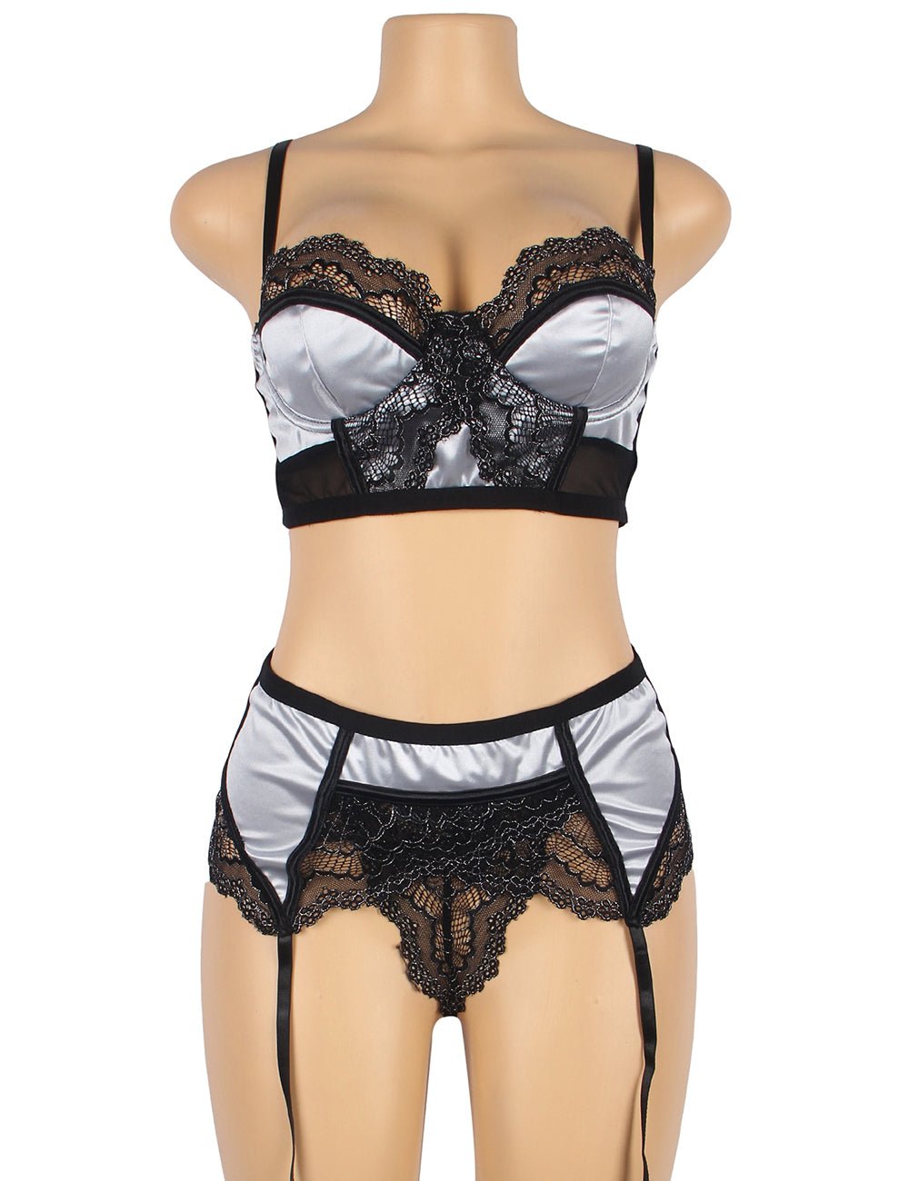Silver - Grey Lace & Mesh Underwire Bra Set – Padded Cups, Adjustable Clasps & Suspender Belt - TeaseFashion