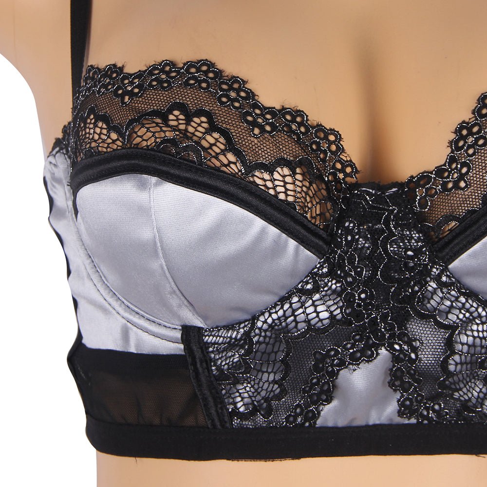 Silver - Grey Lace & Mesh Underwire Bra Set – Padded Cups, Adjustable Clasps & Suspender Belt - TeaseFashion
