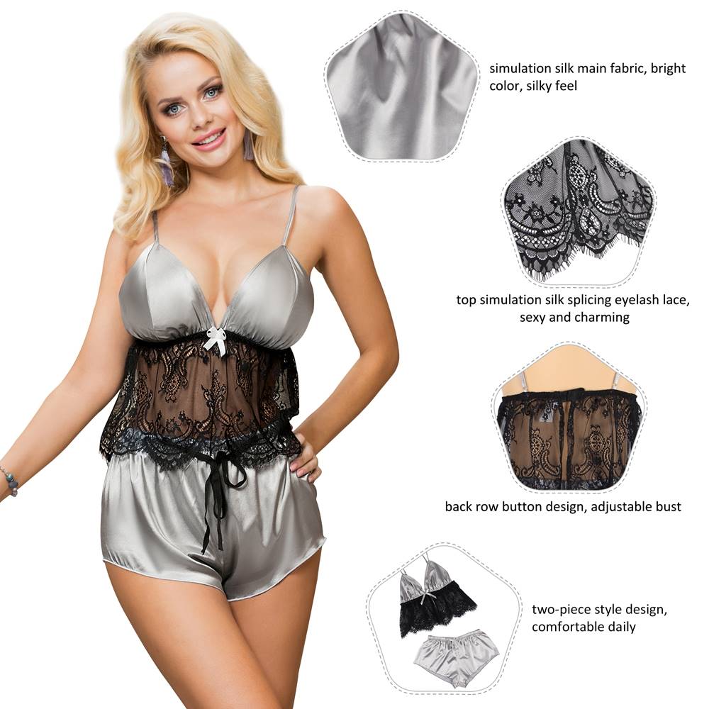 Silver Satin - Finish Lace - Trim Camisole Pyjama Set – Adjustable Straps with Button Back - TeaseFashion
