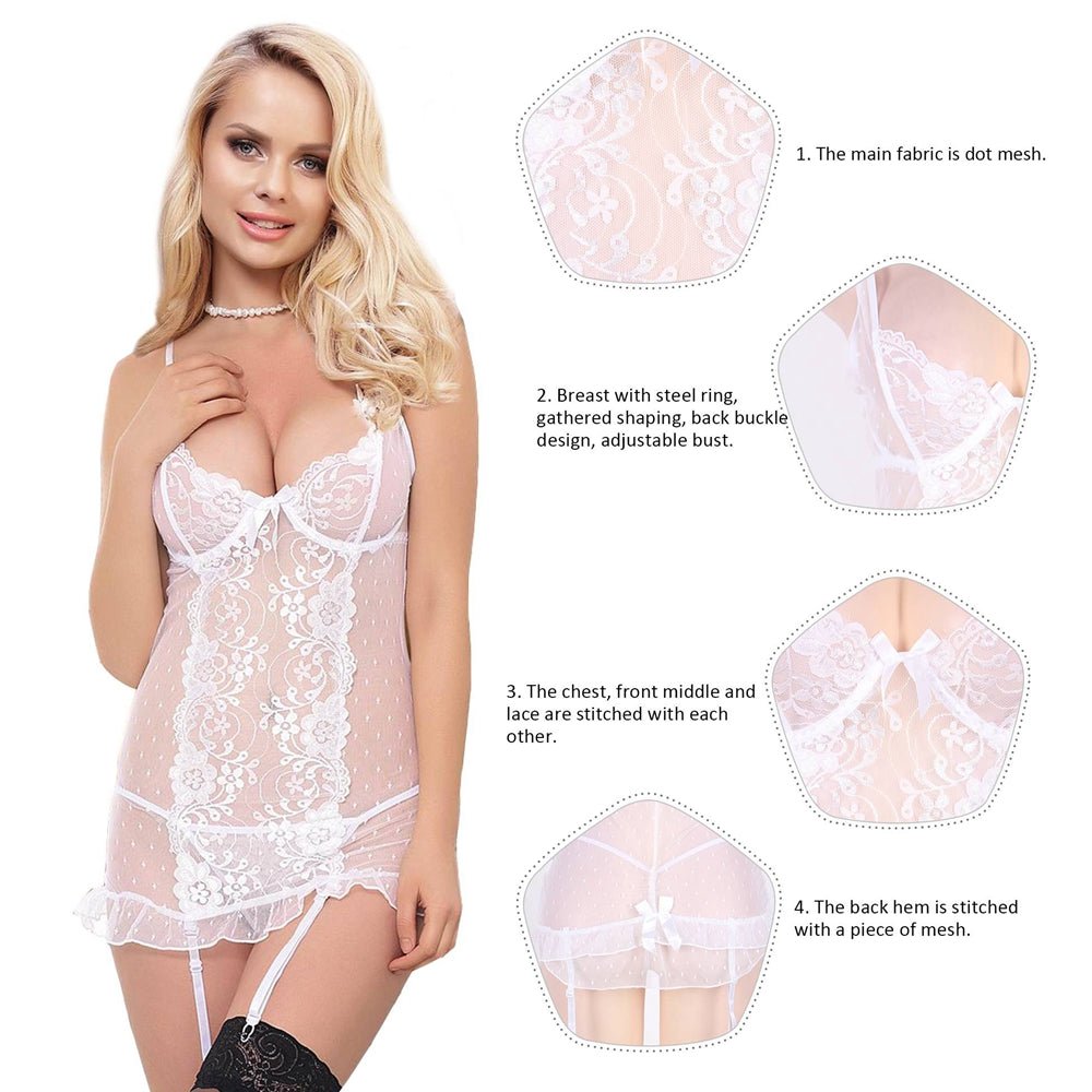 Stretch Lace and Dot Mesh White Garter Slip Set With Underwire - TeaseFashion