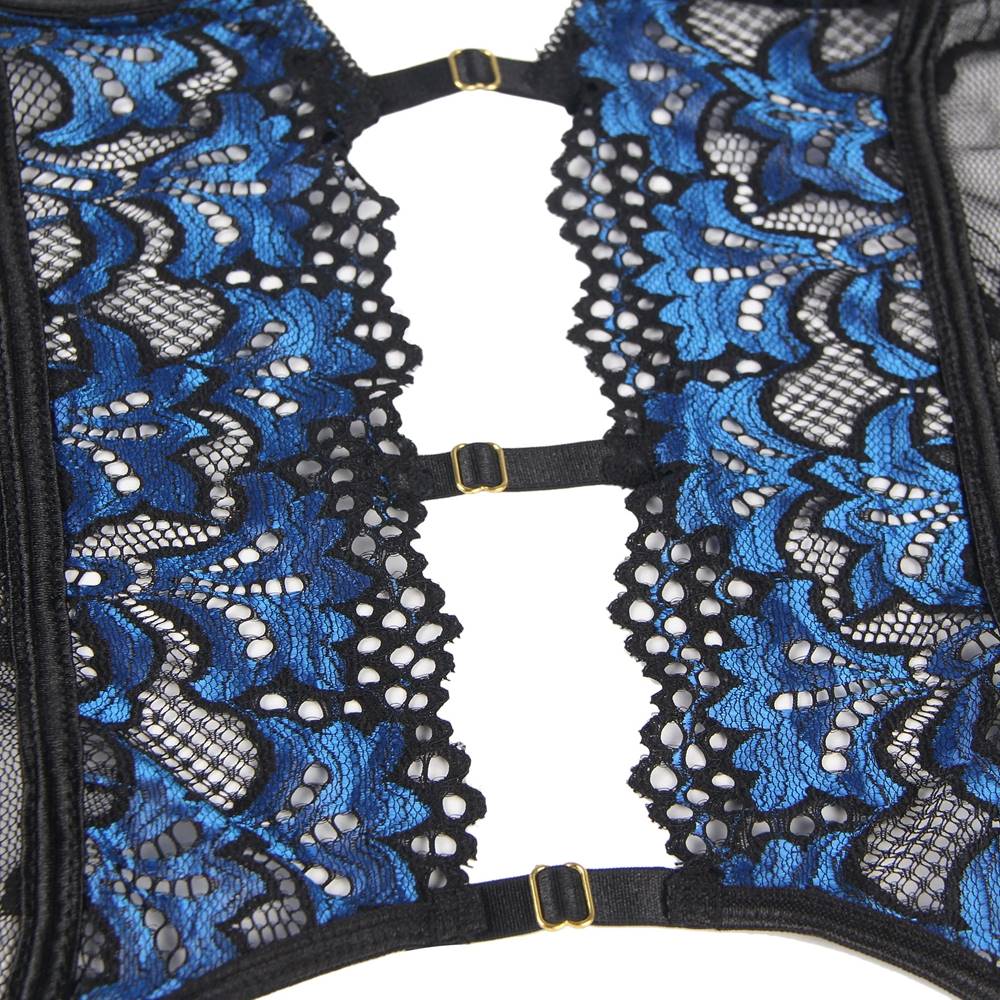 Two - Tone Lace Garter Lingerie Set – Steel Ring Cups, Front Hollow Elastic Band, Four Adjustable Suspenders & Underwire Support - TeaseFashion