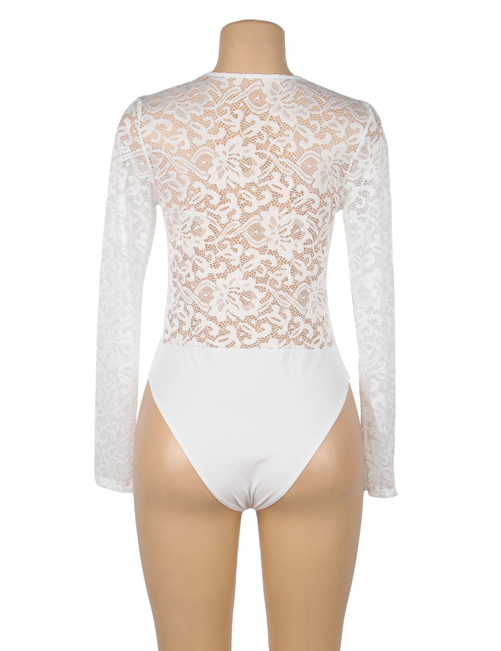 White Brushed Lace Long Sleeve Bodysuit - TeaseFashion