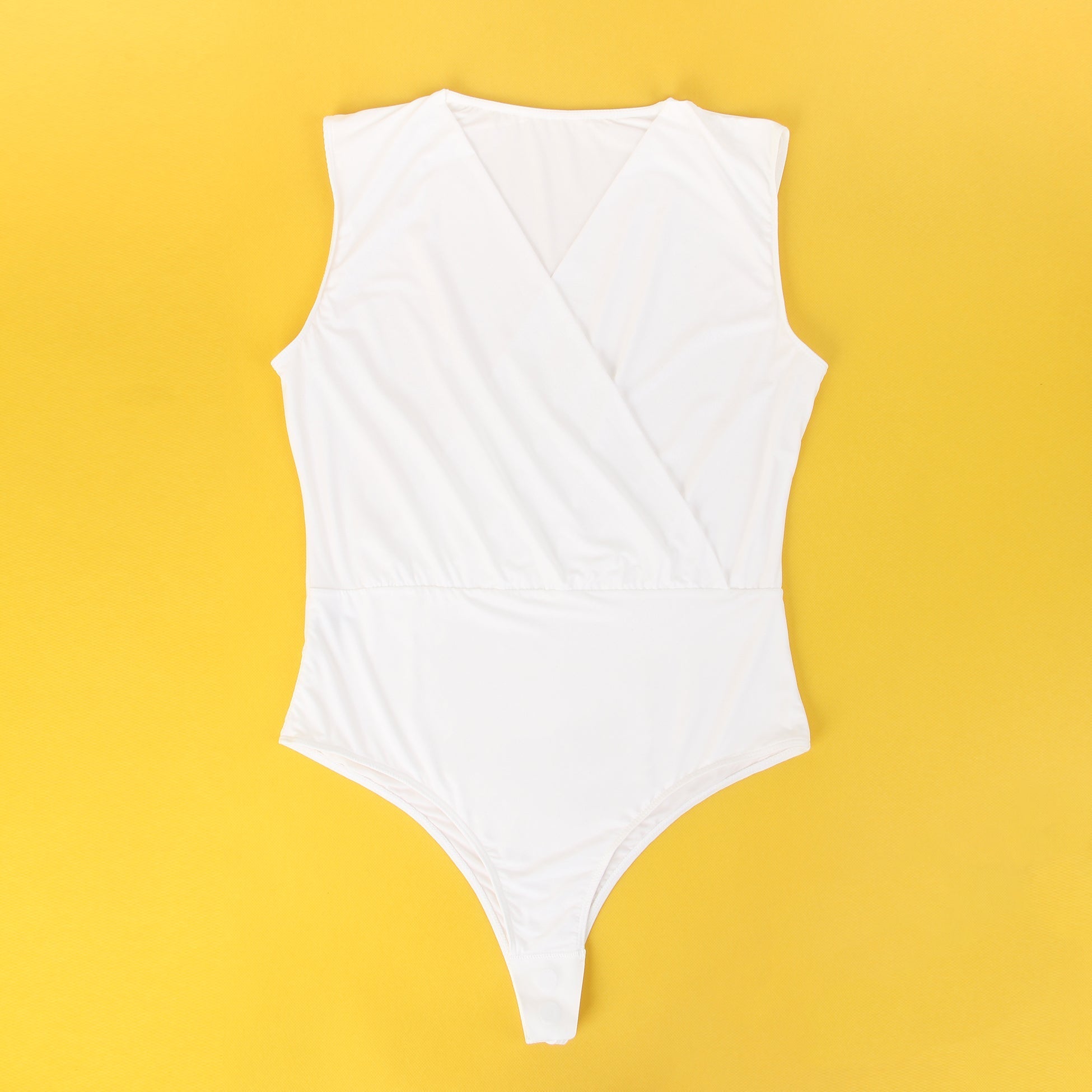 White Deep V - Neck Sleeveless Snap - Crotch Bodysuit - TeaseFashion