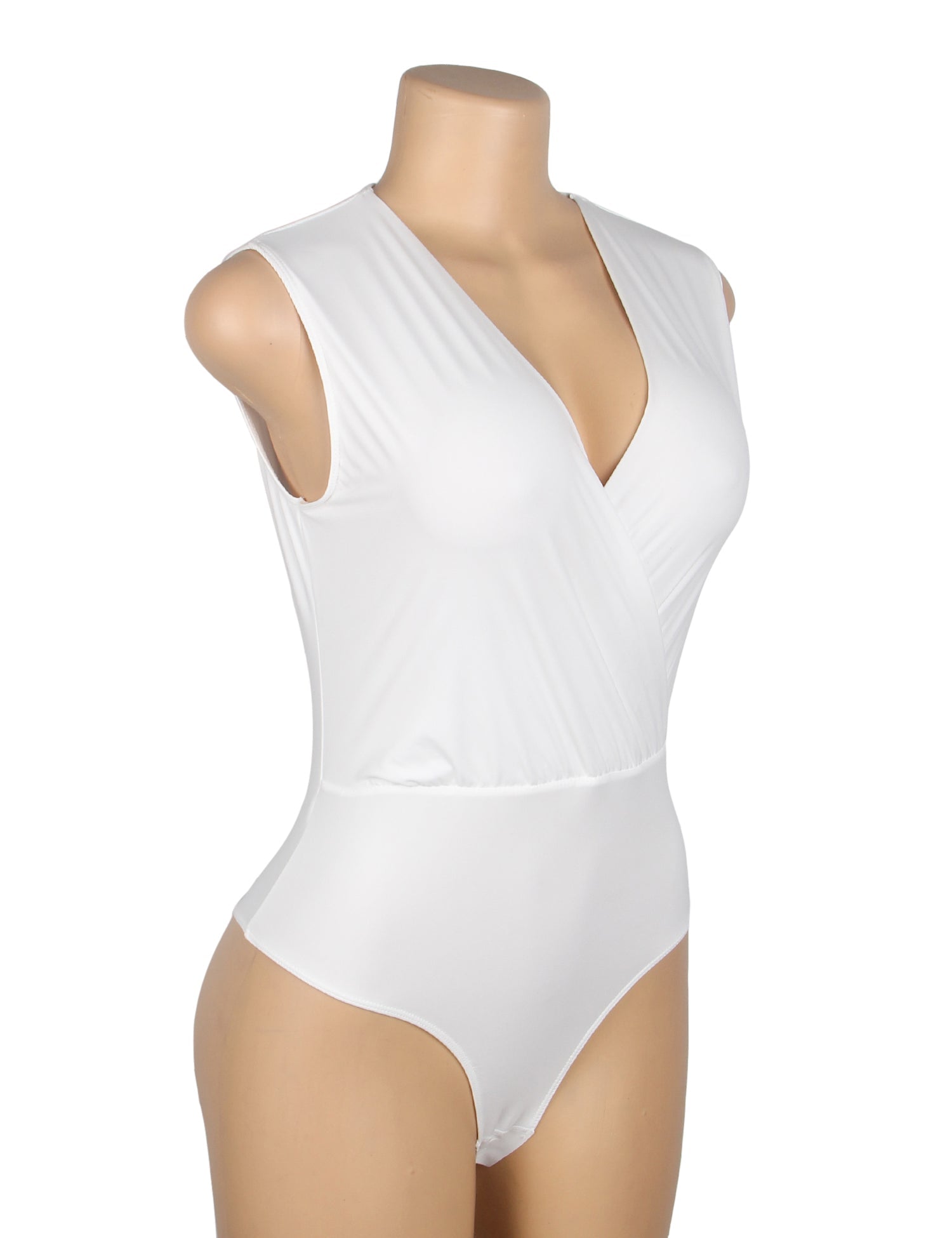 White Deep V - Neck Sleeveless Snap - Crotch Bodysuit - TeaseFashion