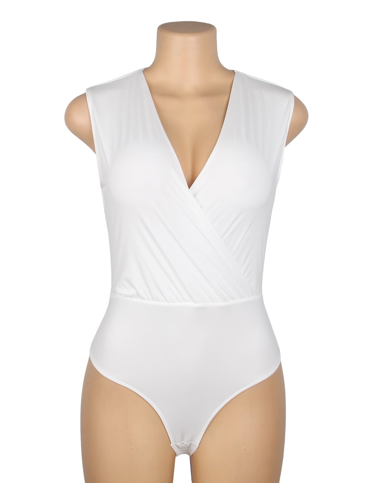 White Deep V - Neck Sleeveless Snap - Crotch Bodysuit - TeaseFashion