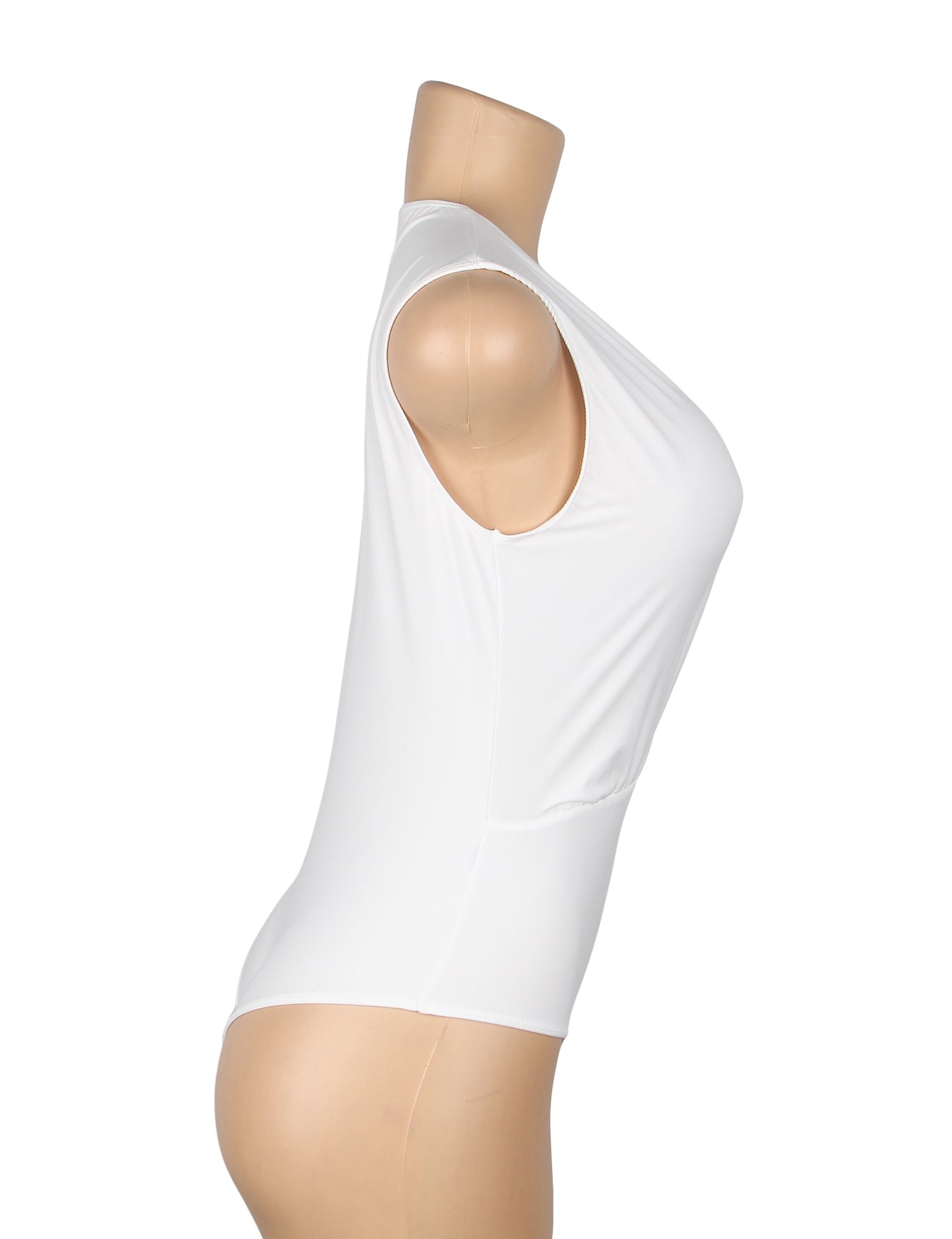 White Deep V - Neck Sleeveless Snap - Crotch Bodysuit - TeaseFashion