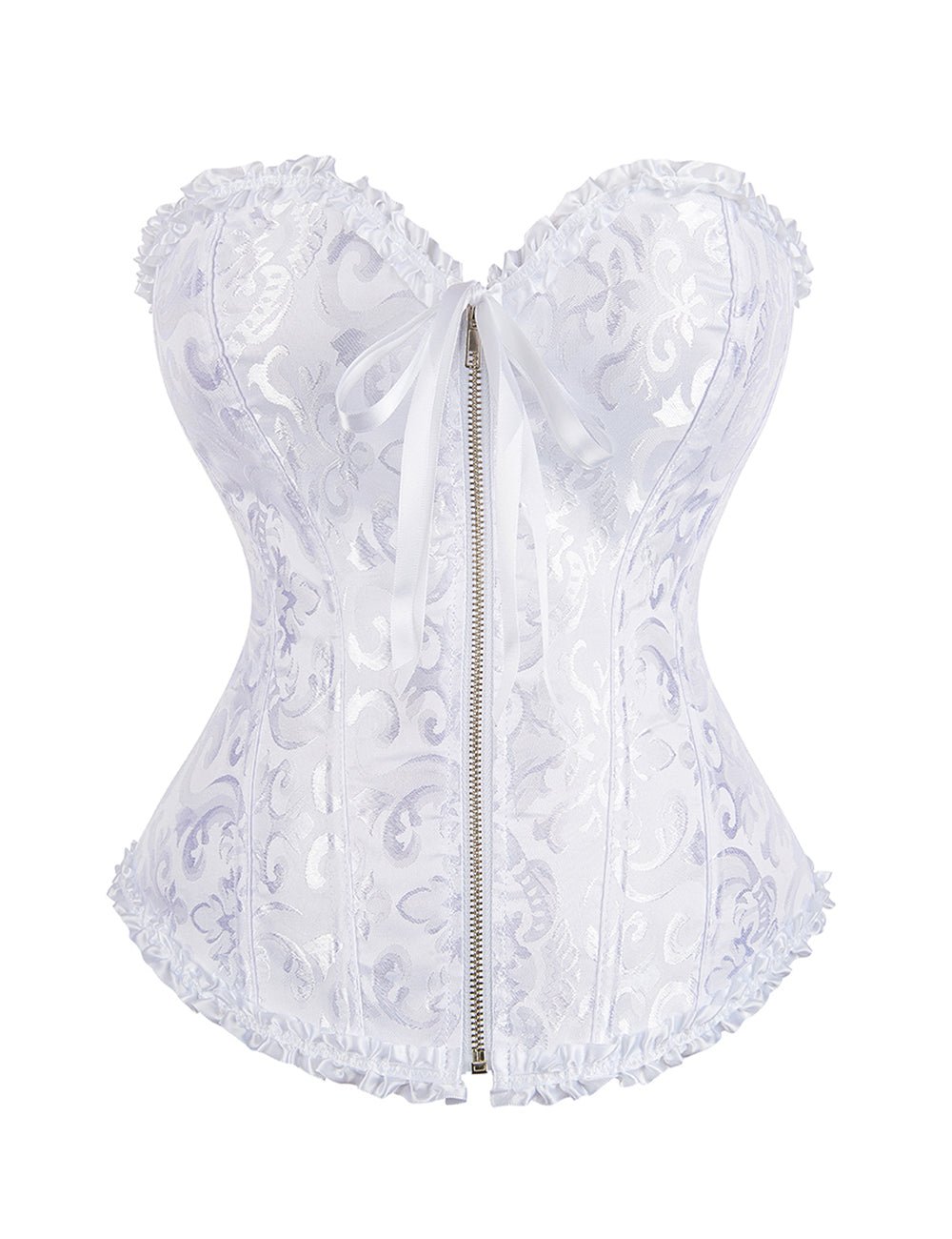 White Embroidered Corset with Front Zipper & Ribbon Trim - TeaseFashion