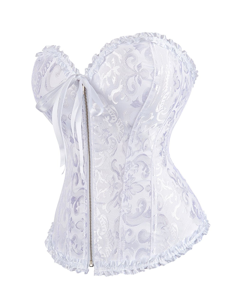 White Embroidered Corset with Front Zipper & Ribbon Trim - TeaseFashion