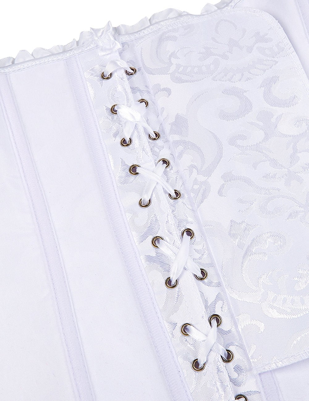 White Embroidered Corset with Front Zipper & Ribbon Trim - TeaseFashion