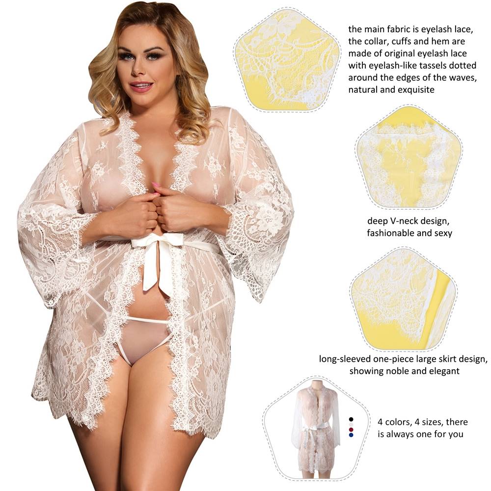White Eyelash Lace Babydoll – Wide Sleeves, Button Placket, Satin Waistband & Thong Set - TeaseFashion