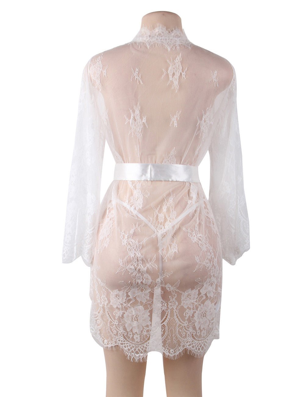White Eyelash Lace Babydoll – Wide Sleeves, Button Placket, Satin Waistband & Thong Set - TeaseFashion