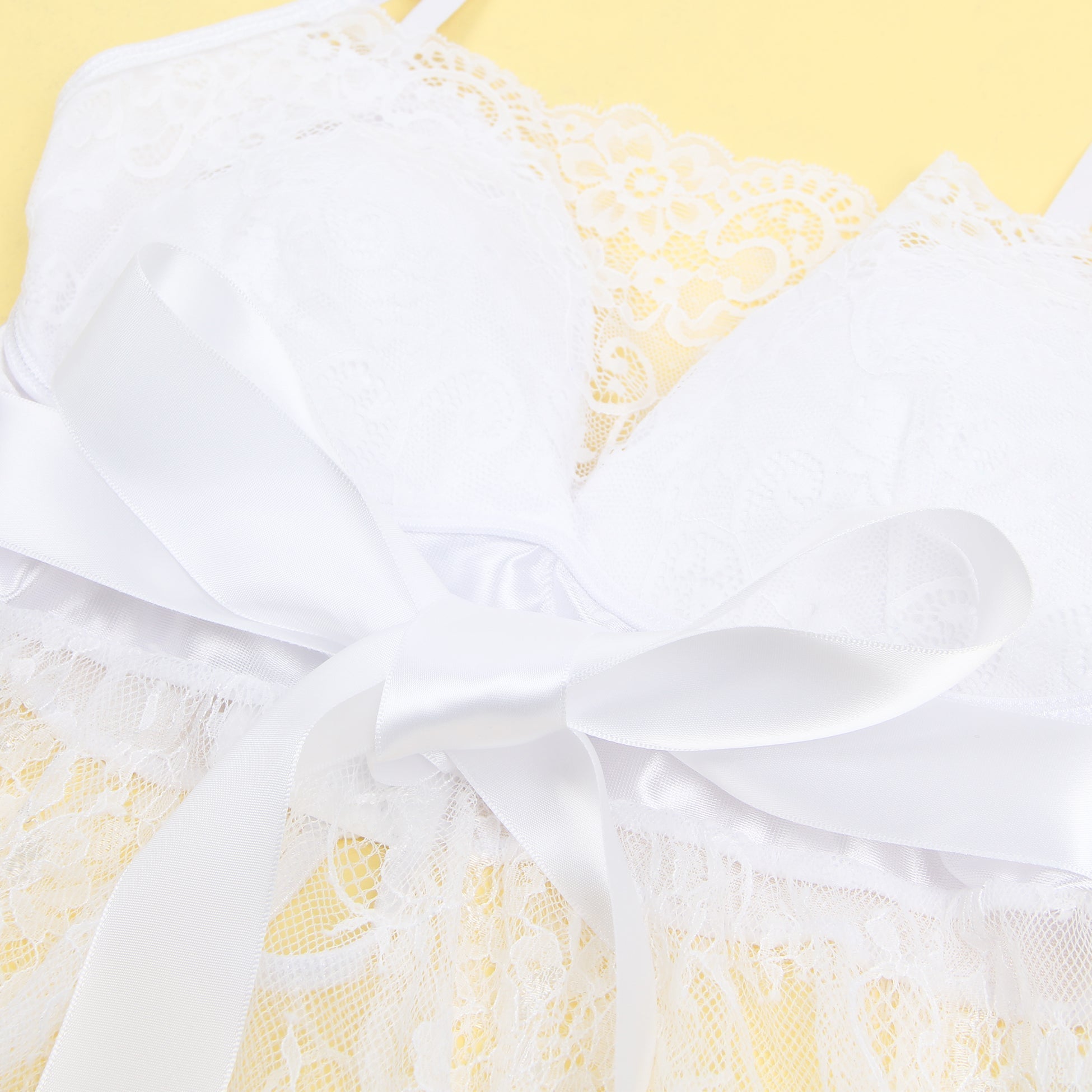 White Eyelash Lace Babydoll with Padded Cups, Wave Hem, Underbust Ribbon Bow & T - Back Set - TeaseFashion