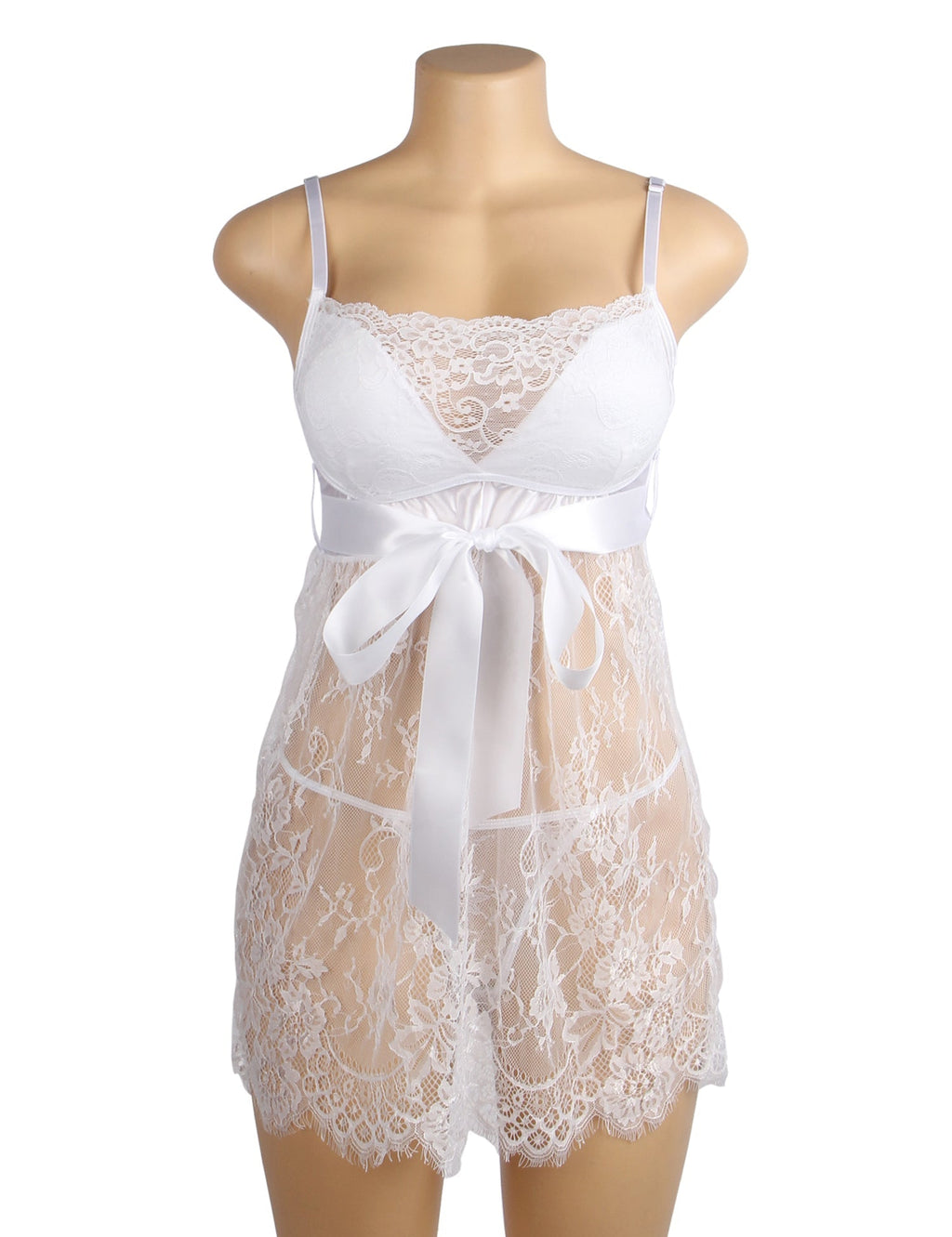White Eyelash Lace Babydoll with Padded Cups, Wave Hem, Underbust Ribbon Bow & T - Back Set - TeaseFashion