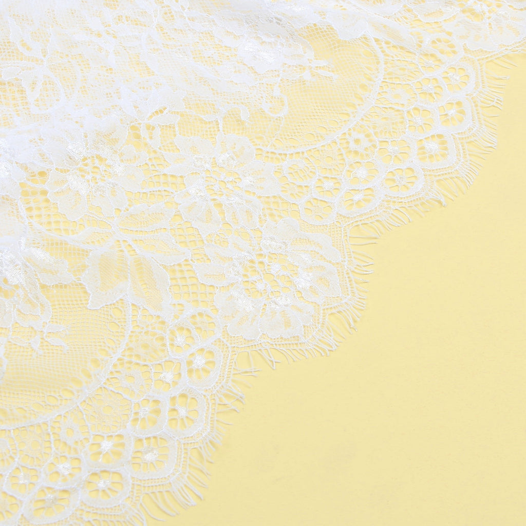 White Eyelash Lace Babydoll with Padded Cups, Wave Hem, Underbust Ribbon Bow & T - Back Set - TeaseFashion