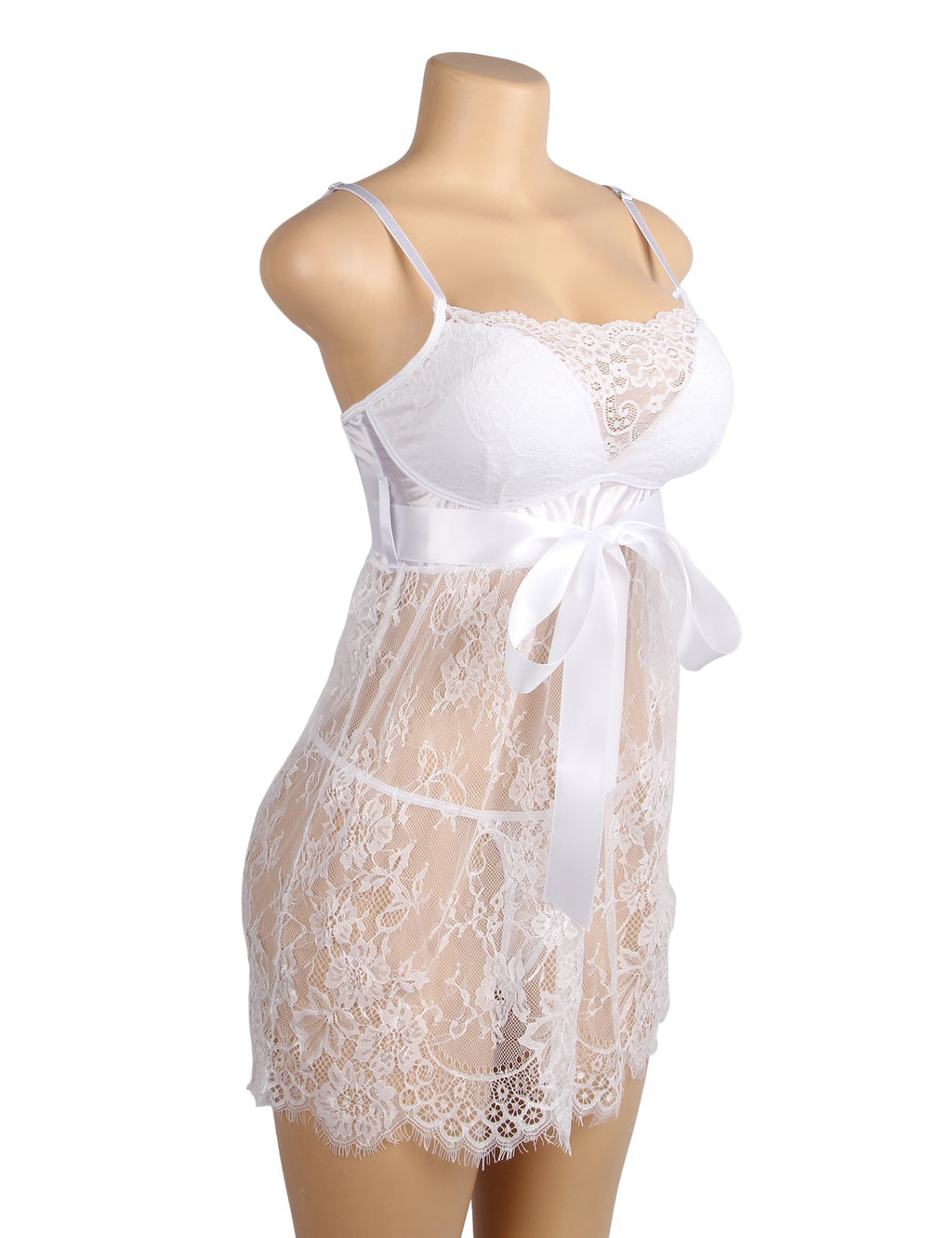 White Eyelash Lace Babydoll with Padded Cups, Wave Hem, Underbust Ribbon Bow & T - Back Set - TeaseFashion