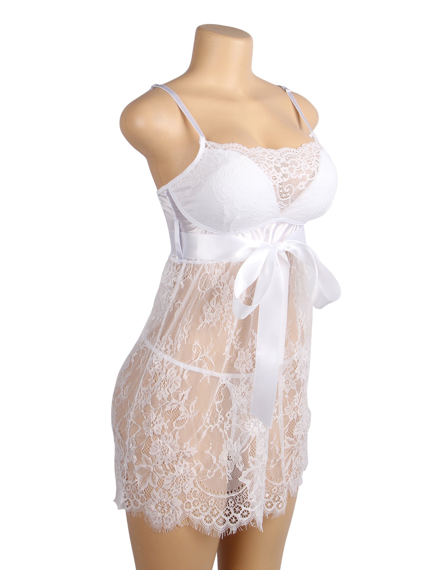White Eyelash Lace Babydoll with Padded Cups, Wave Hem, Underbust Ribbon Bow & T - Back Set - TeaseFashion