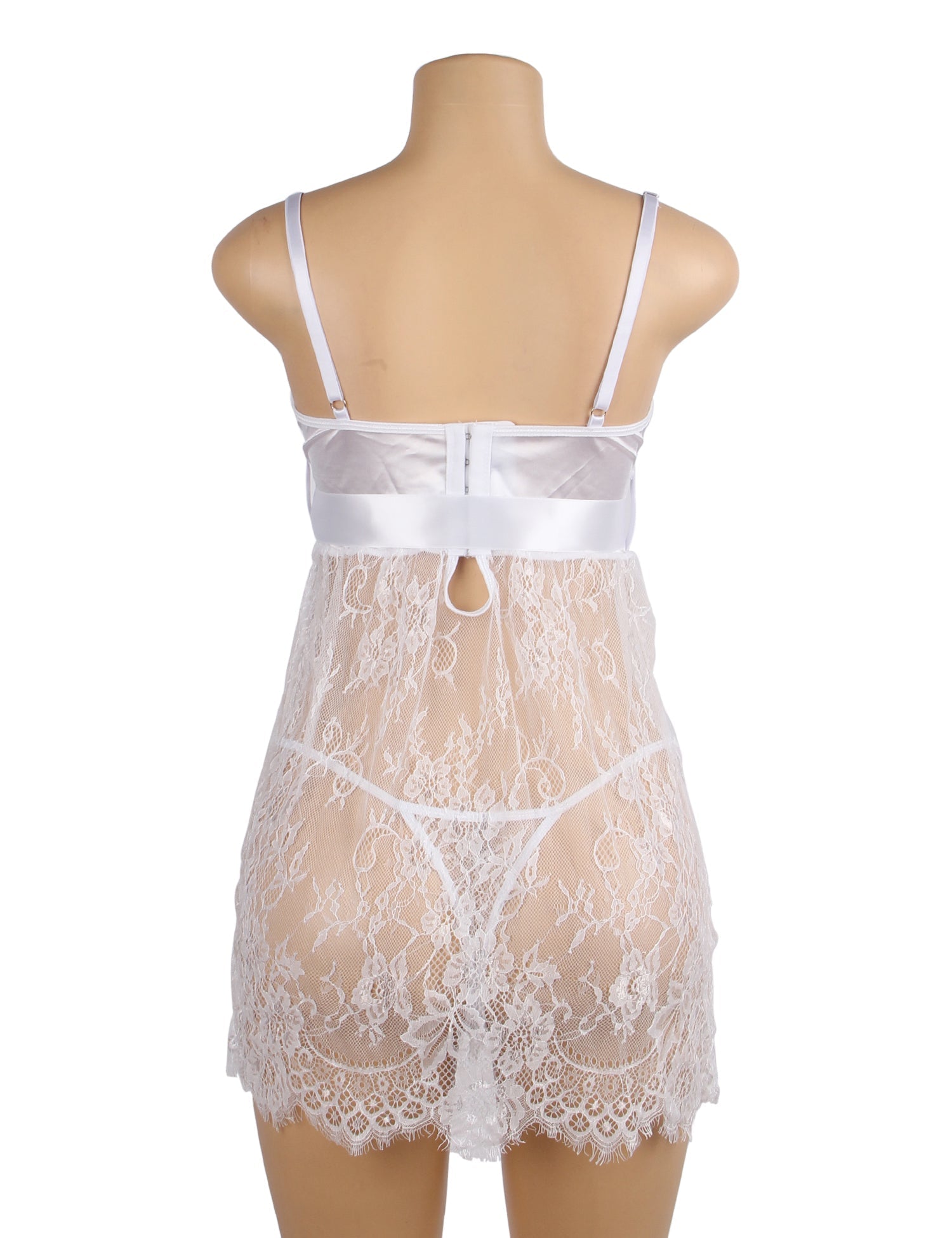 White Eyelash Lace Babydoll with Padded Cups, Wave Hem, Underbust Ribbon Bow & T - Back Set - TeaseFashion
